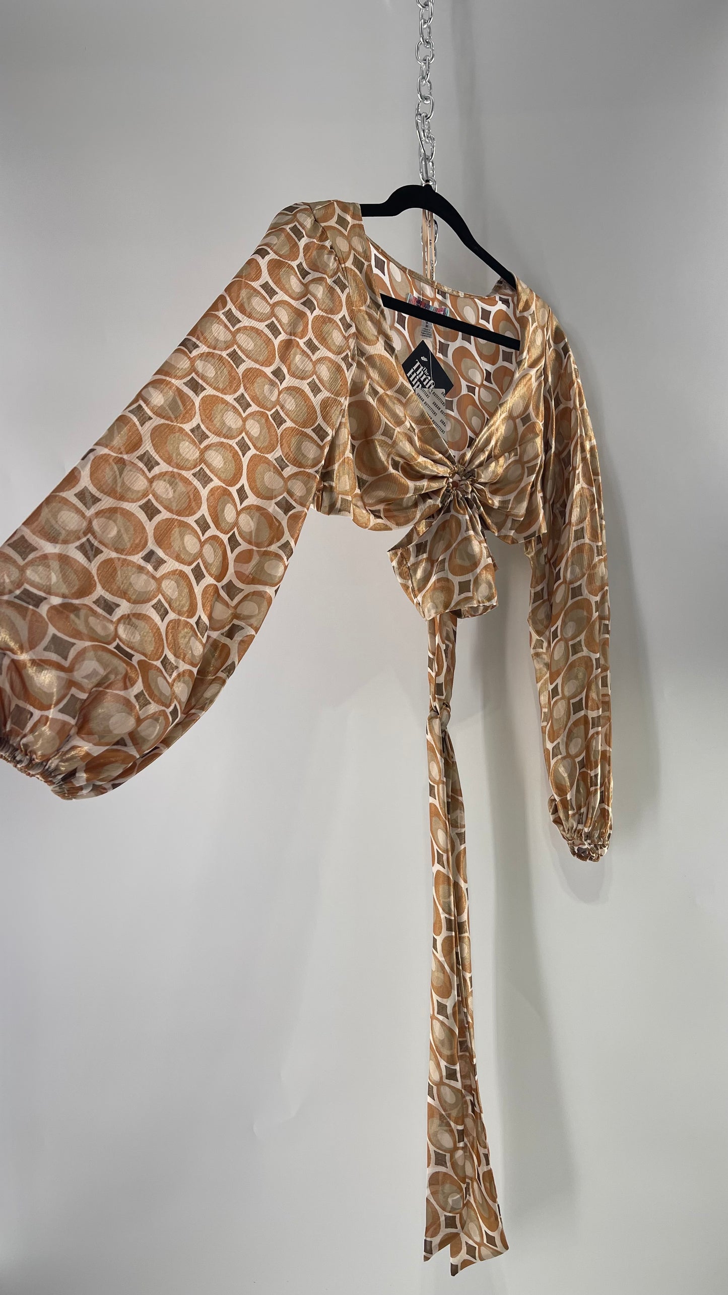 Urban Outfitters Shimmer Top Balloon Sleeve Gold Retro Print Cut Out Tie Around Blouse (Medium)