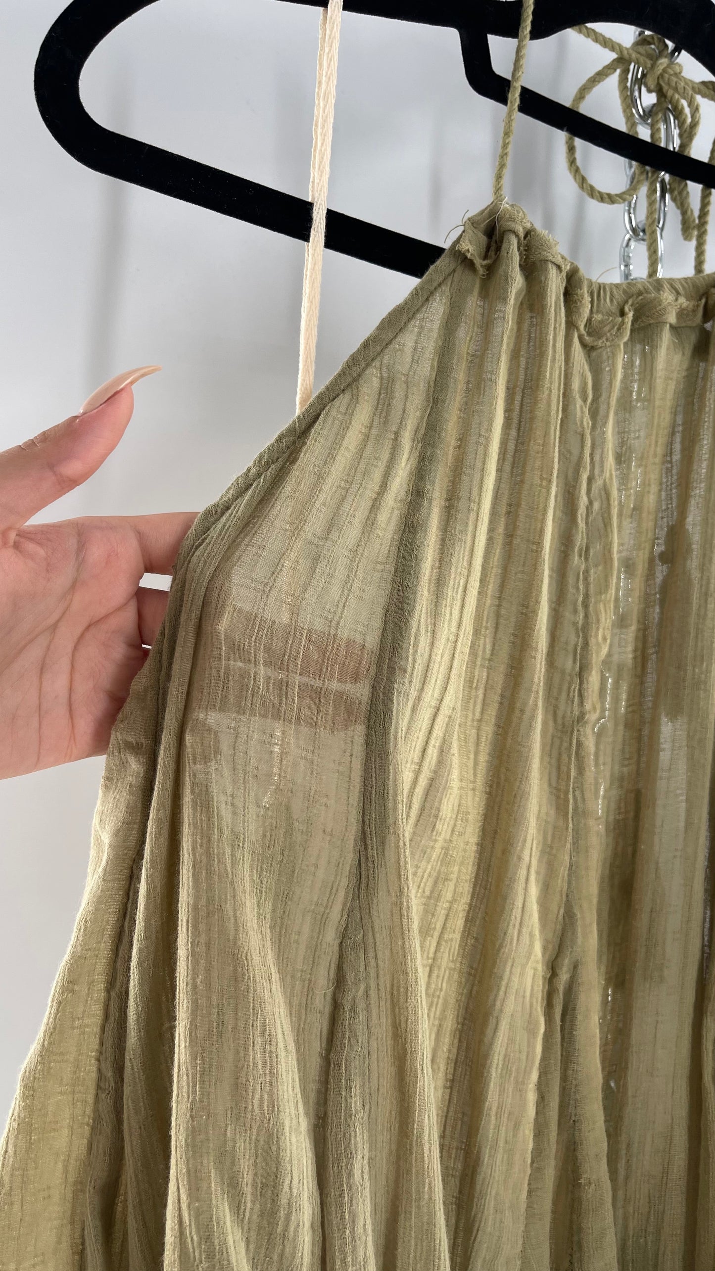 Free People Olive Sage Gauze/Cotton Halter Backless Dress (M)