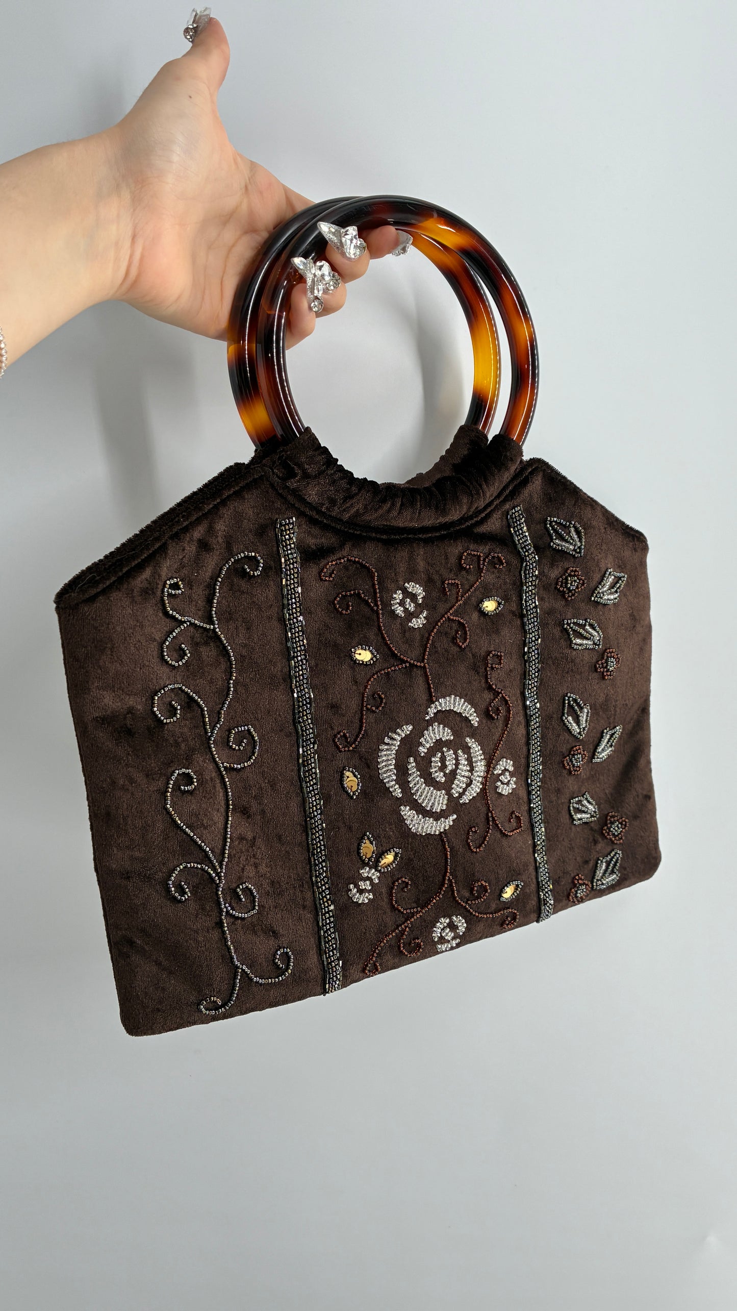 Vintage Silver Blue USA Brown Beaded Velvet Handbag with Circular Clutch