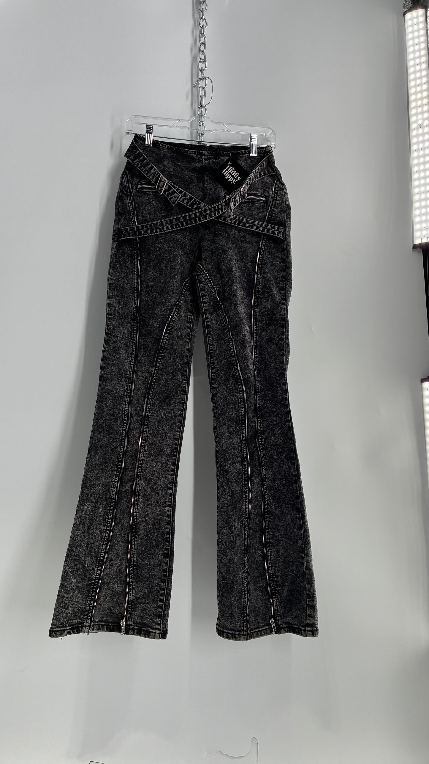 Fashion Nova Grey Acid Washed Kickflare Jeans with Hip Buckle Belts and Functional Zip Up Leg Detail (3)