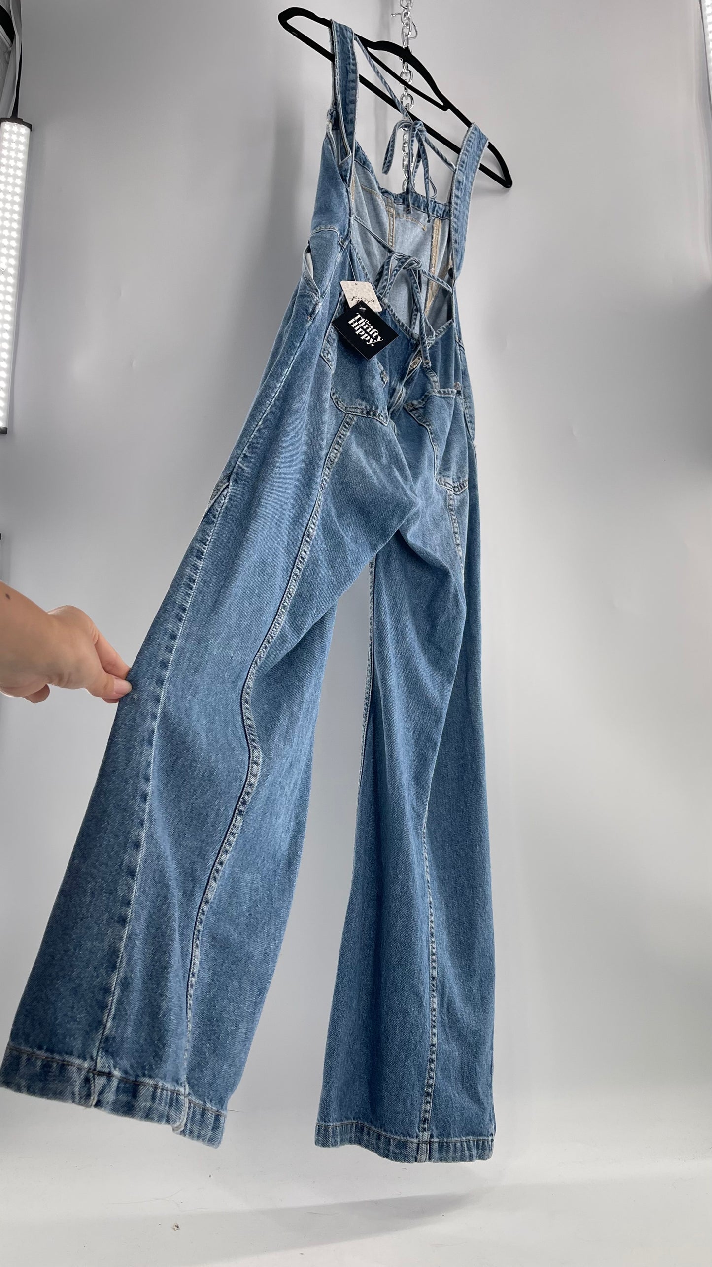 Free People Denim Backless Wide Leg Jumpsuit with Tags Attached (Small)