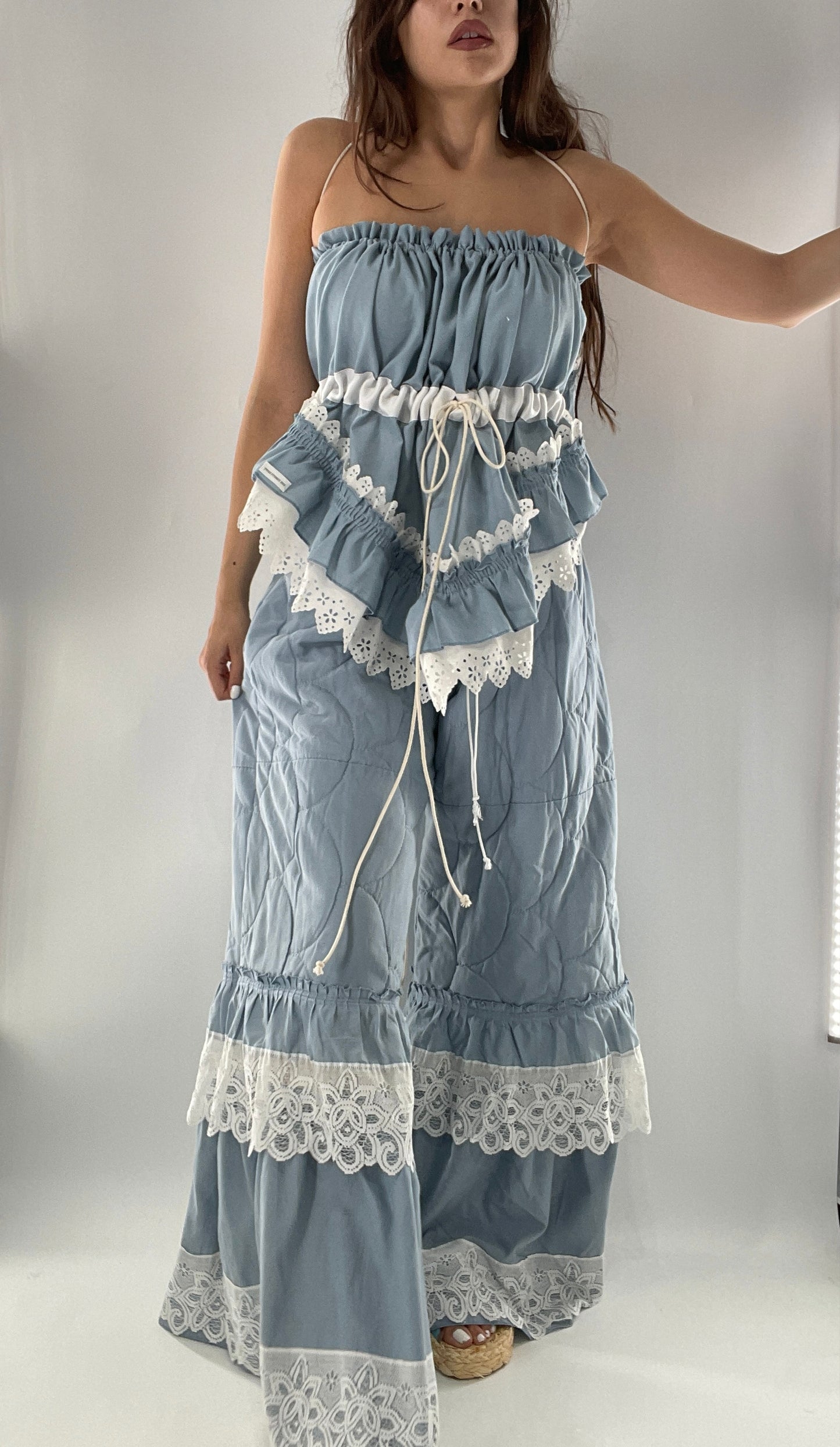 Vintage 2 Piece Powder Blue Set Featuring 2Way Blouse and Quilted Trousers Covered in Ruffles, Lace and Trim (One Size)