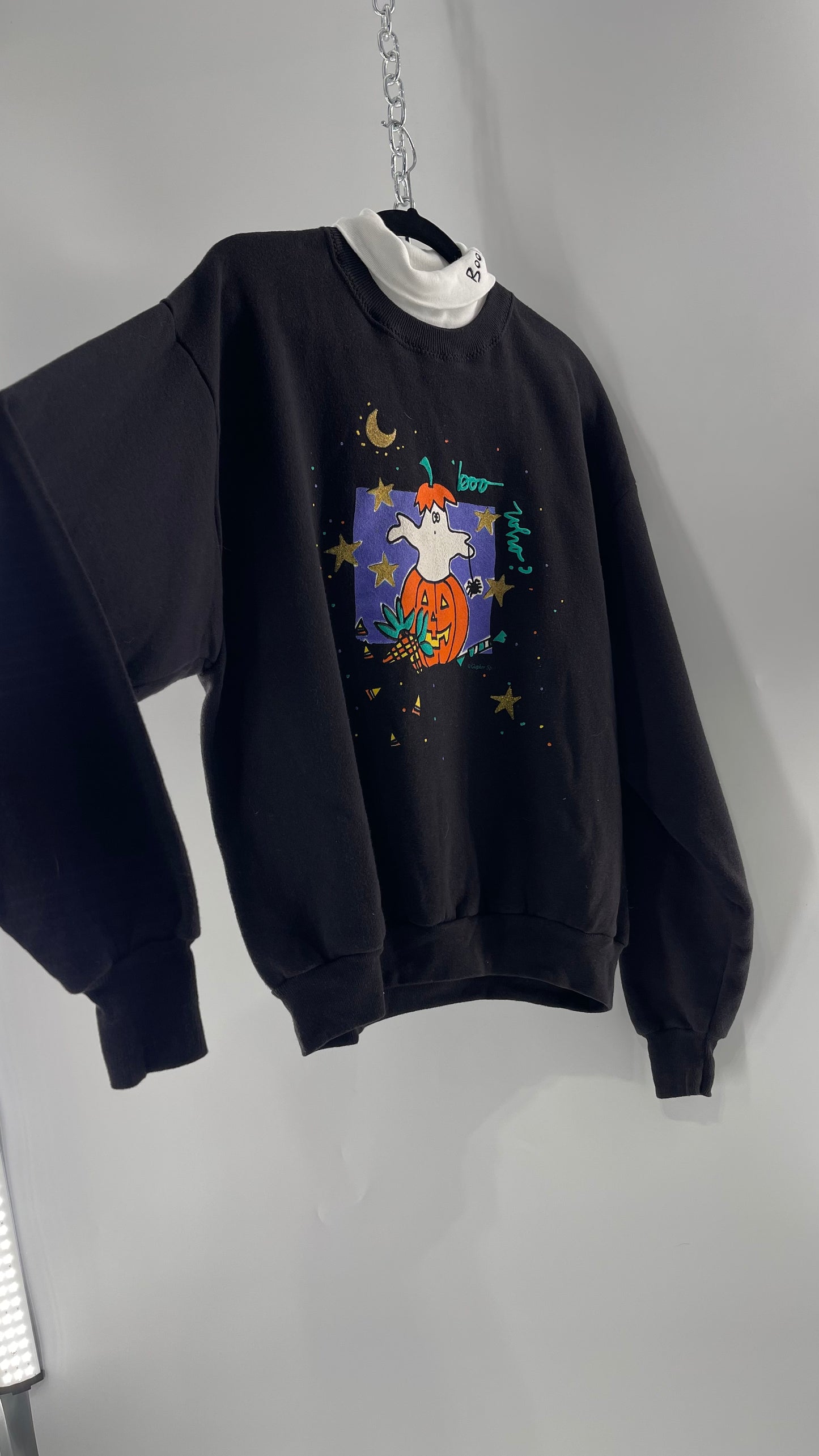 Vintage Black Halloween Graphic Crewneck with White Turtleneck Detail and Boo Embroidery (Large)