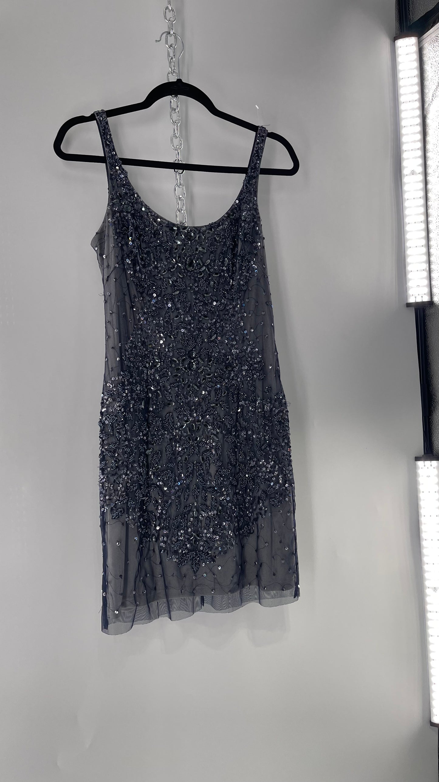 Vintage Cache Moonlight Grey/Navy Blue Tunic Mini Dress with Accentuating Placement of Beads, Sequins and Embroidery Details (2)