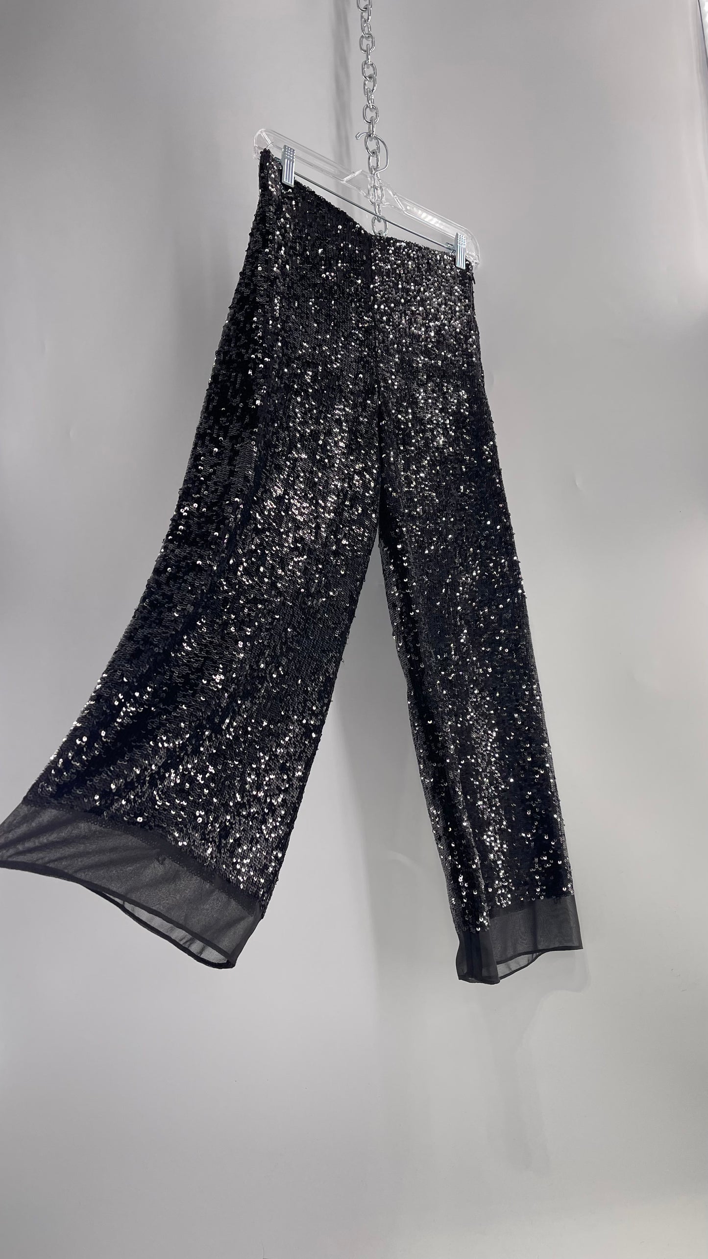 ZARA STUDIO Black Sequin Pijama Trouser with Chiffon Hem and Ribbon Lined Waist (Medium)