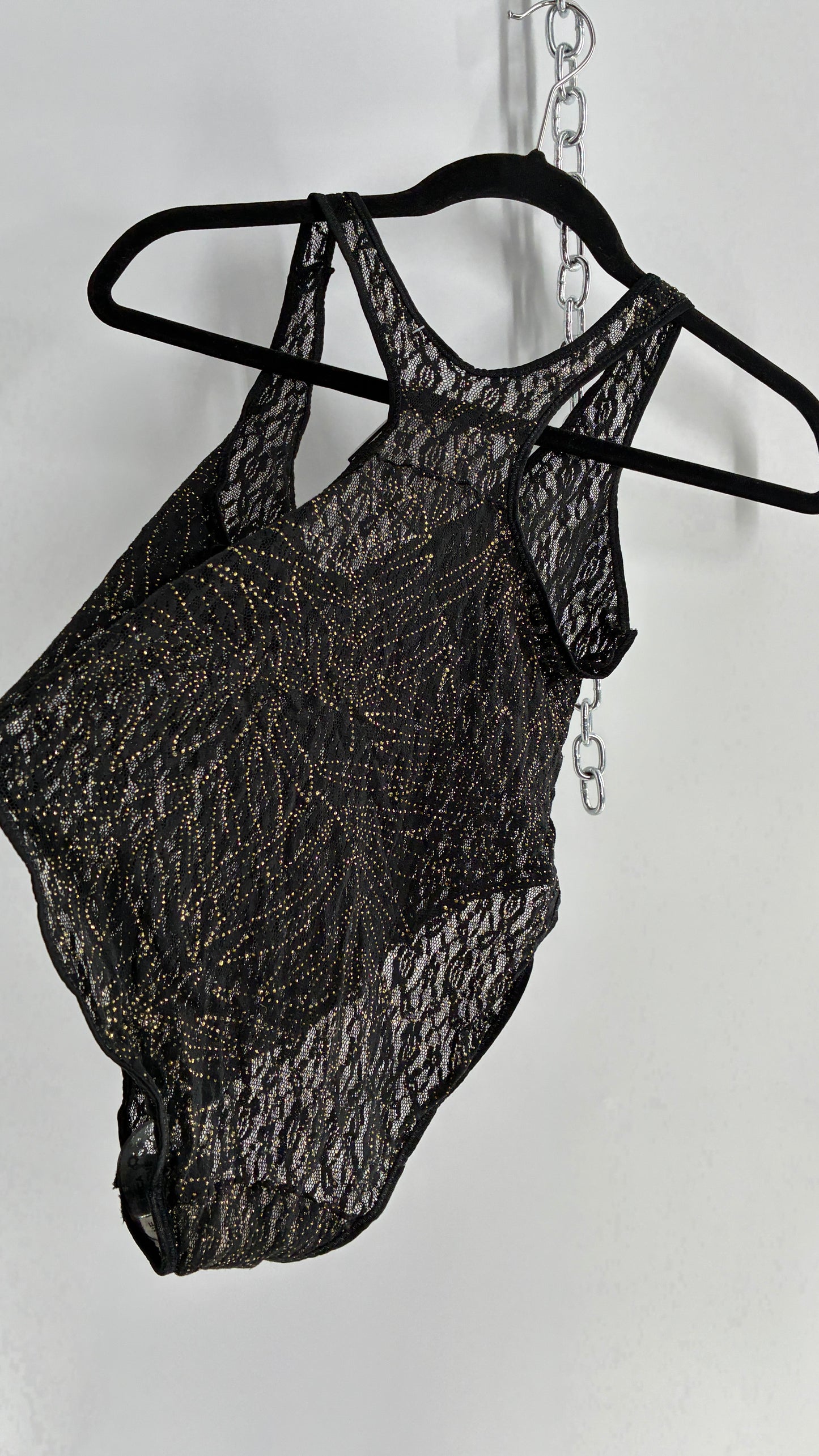 Vintage 1990s Sheer Black Bodysuit with Gold Glitter Foliage Pattern (Large)