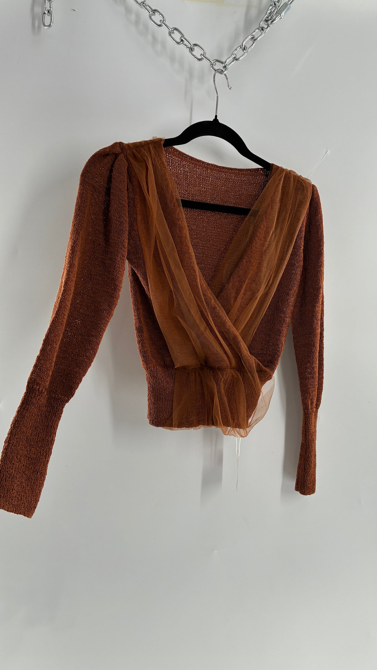CHICWISH Brown Heavy Knit Balloon Sleeve, Tulle Ruched Details, and Tags Attached (Small)
