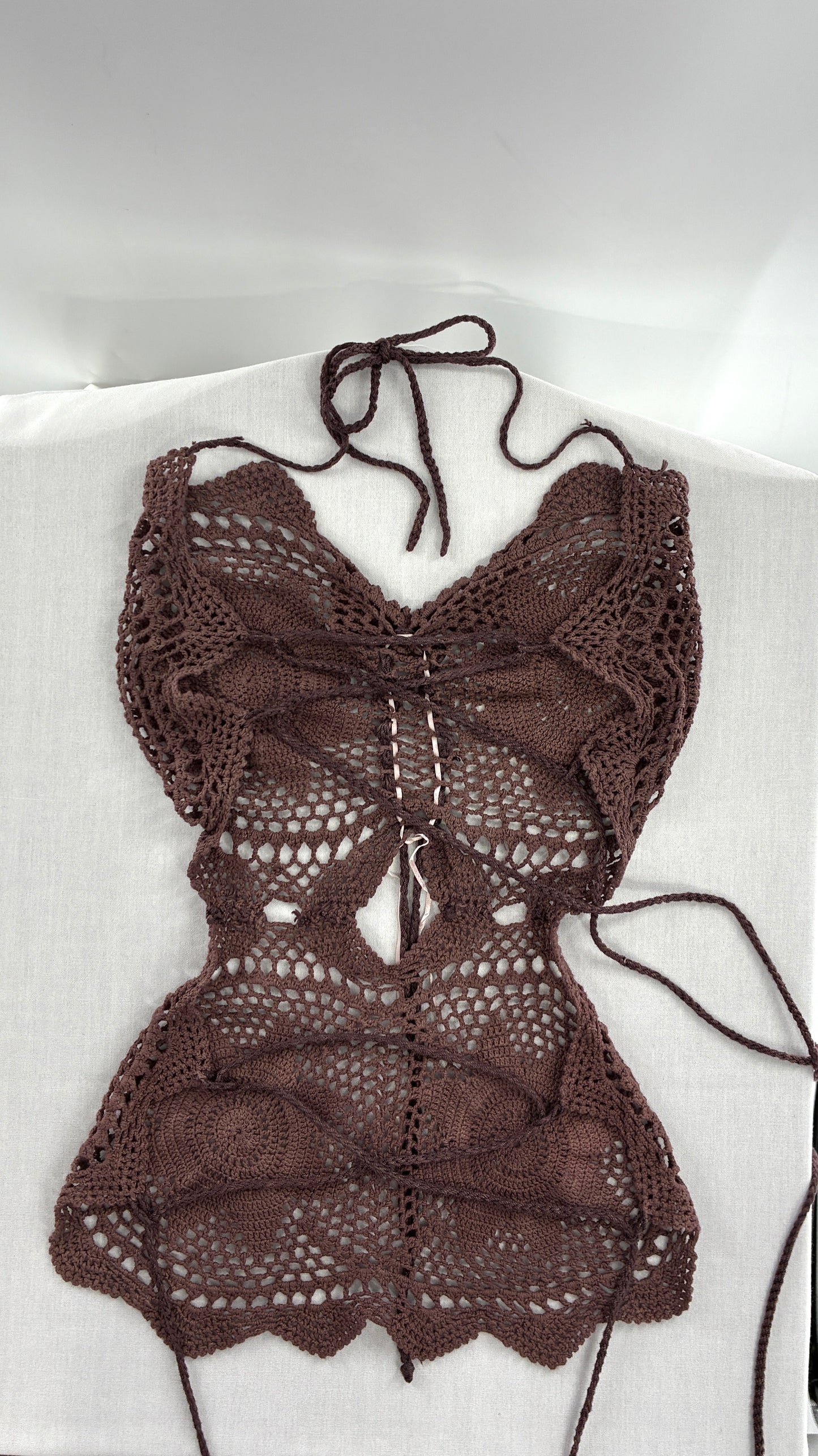 Handmade Brown Crochet Backless Tunic (One Size)