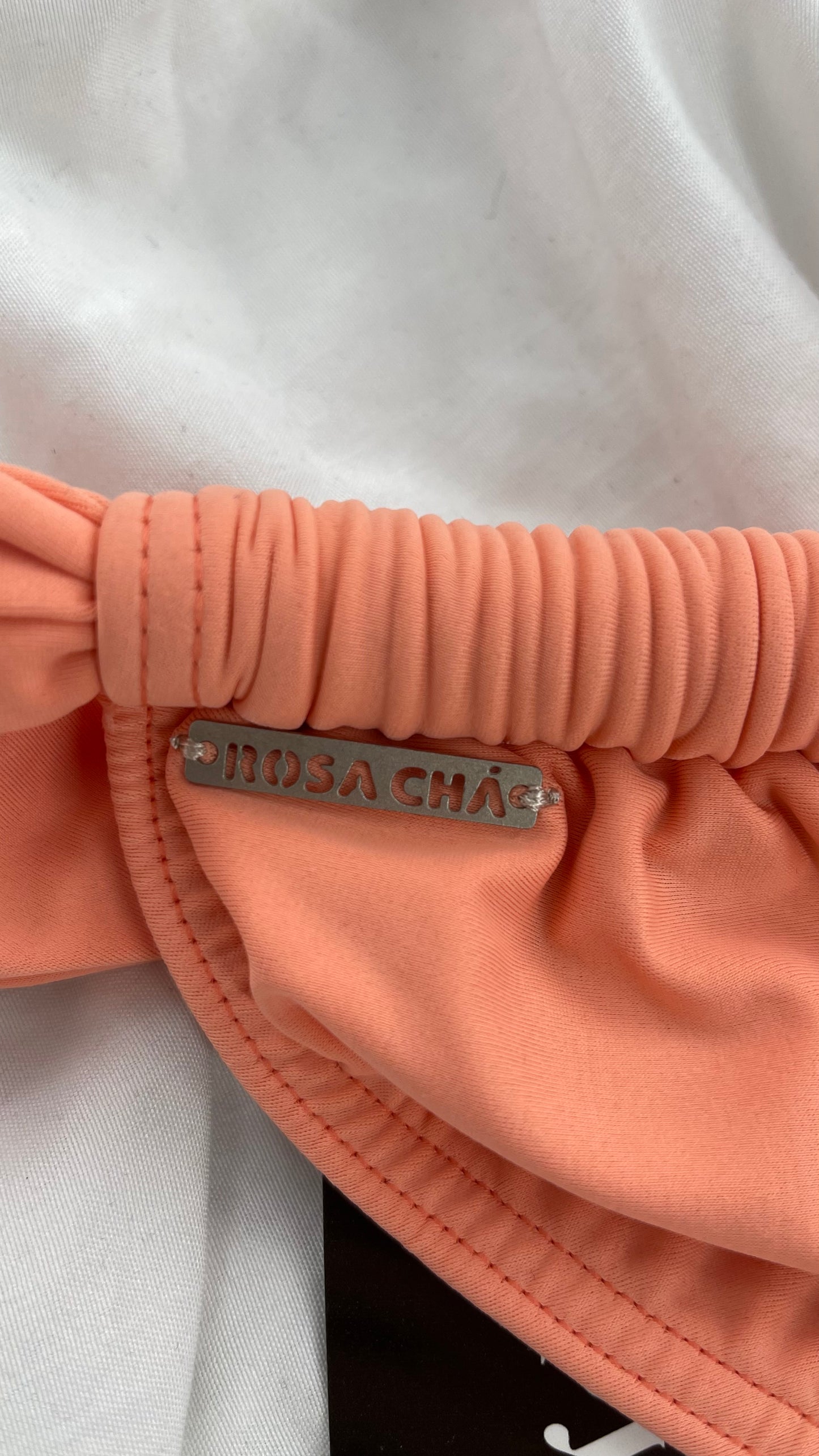 ROSA CHÁ Attelier Designer Pink/Salmon Thick Swim Set with Ruched Bottoms and Embellished Top (Small)