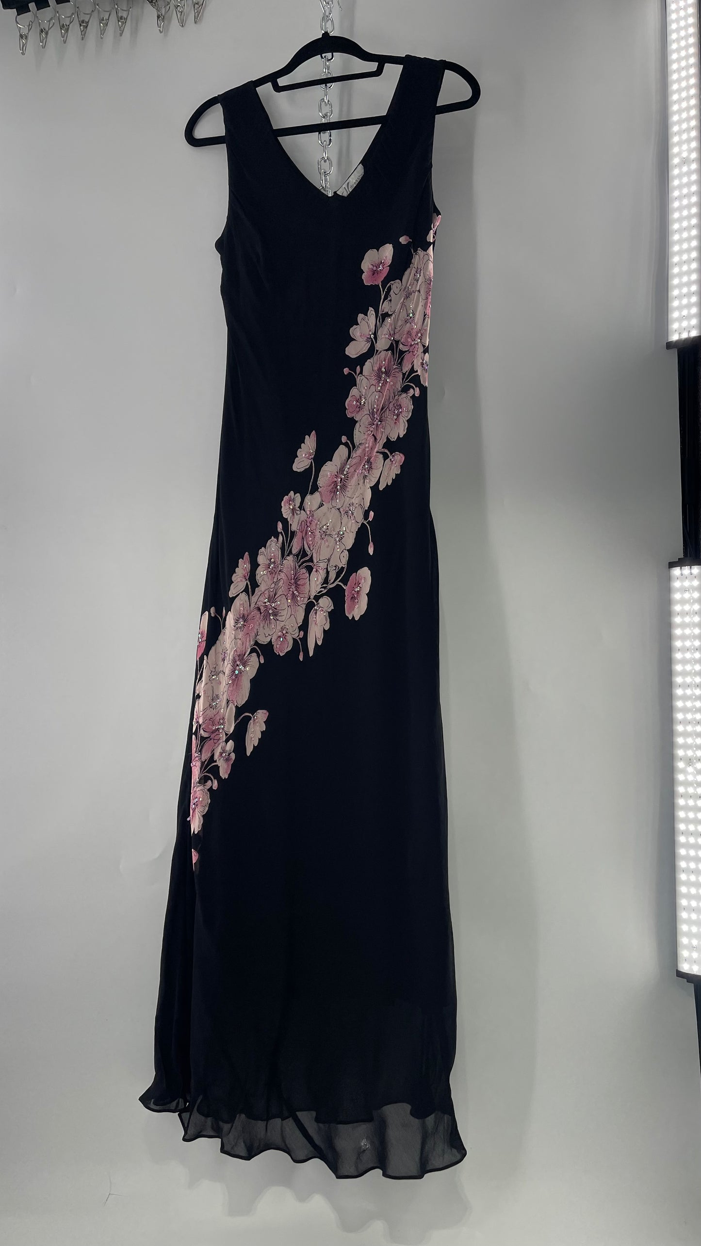 Vintage Dress Barn Black Slinky Maxi Dress with Pink Floral Graphic and Sequins (L)