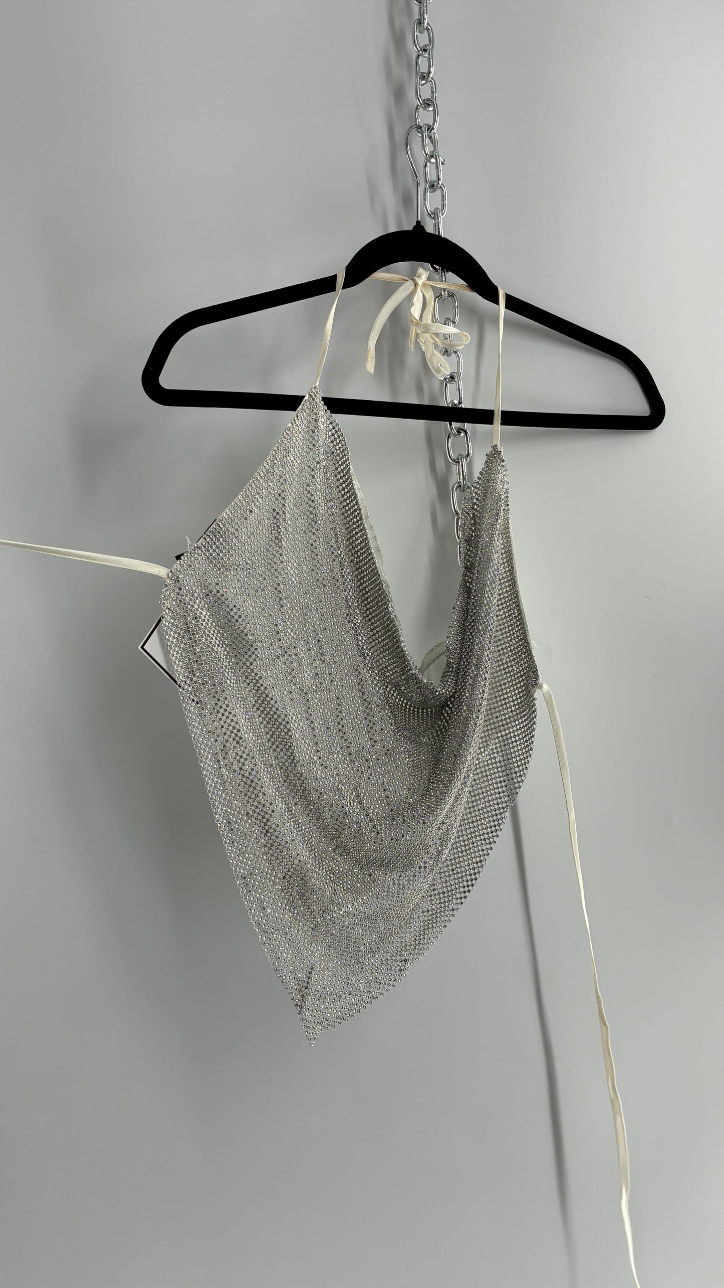 Vintage SPOON Jeans Crystal Mesh Satin Lined Backless Halter (Large)