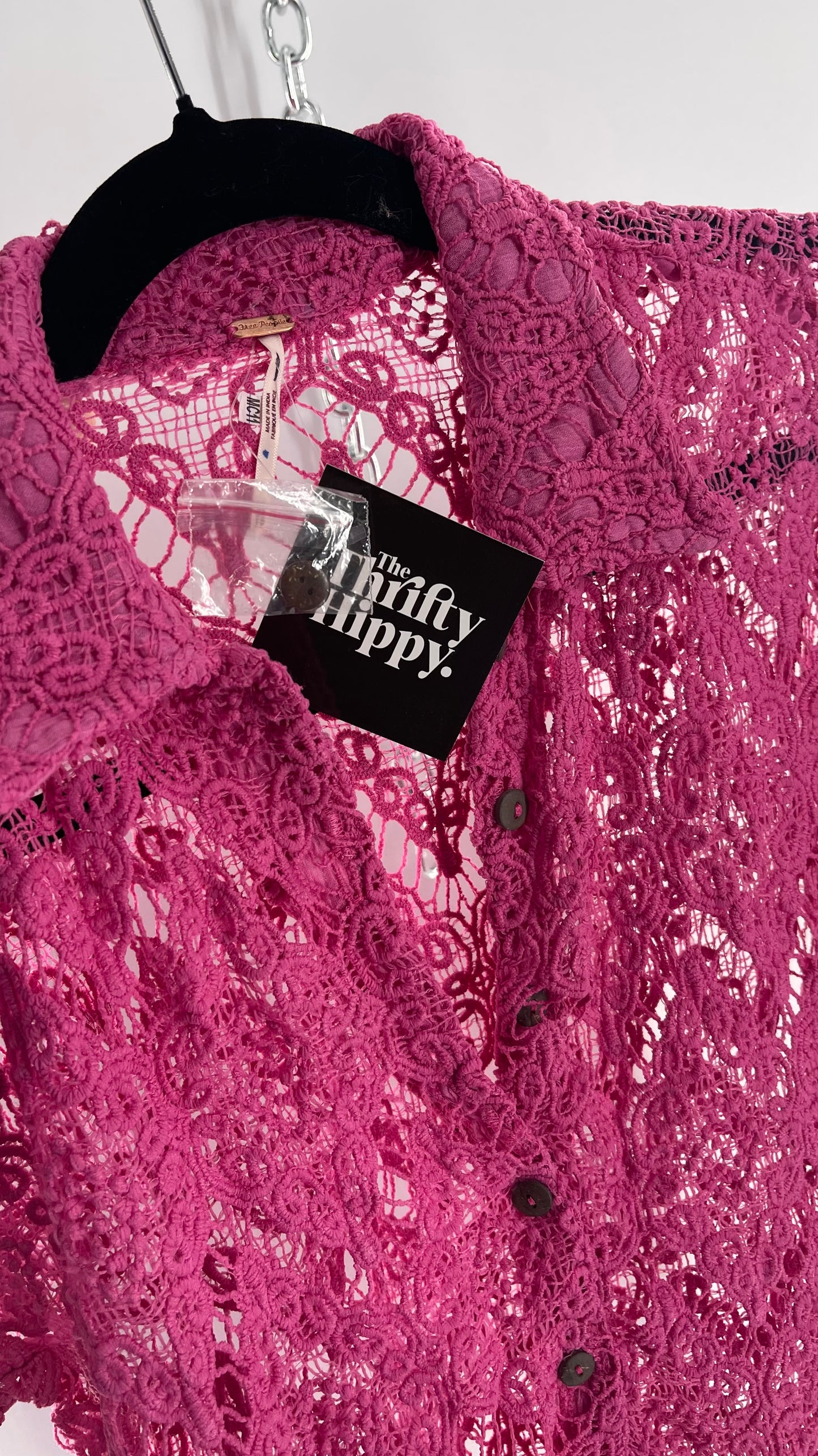 Free People Until Sunday Fuchsia Purple/ Pink Thick Lace Button Front Blouse with Coconut Buttons (XS)