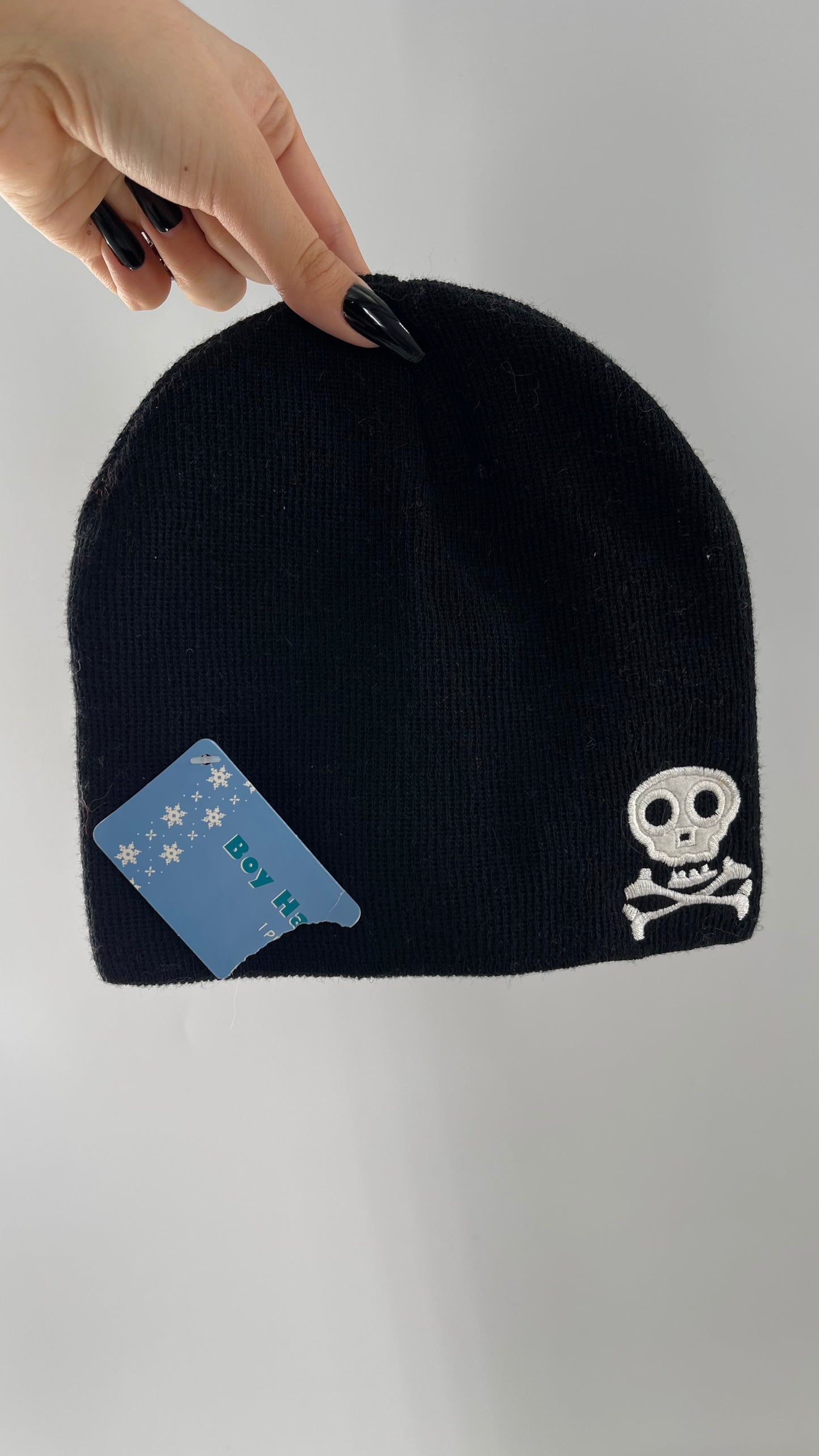 Boys Black Beanie with Skull Embroidered Detail