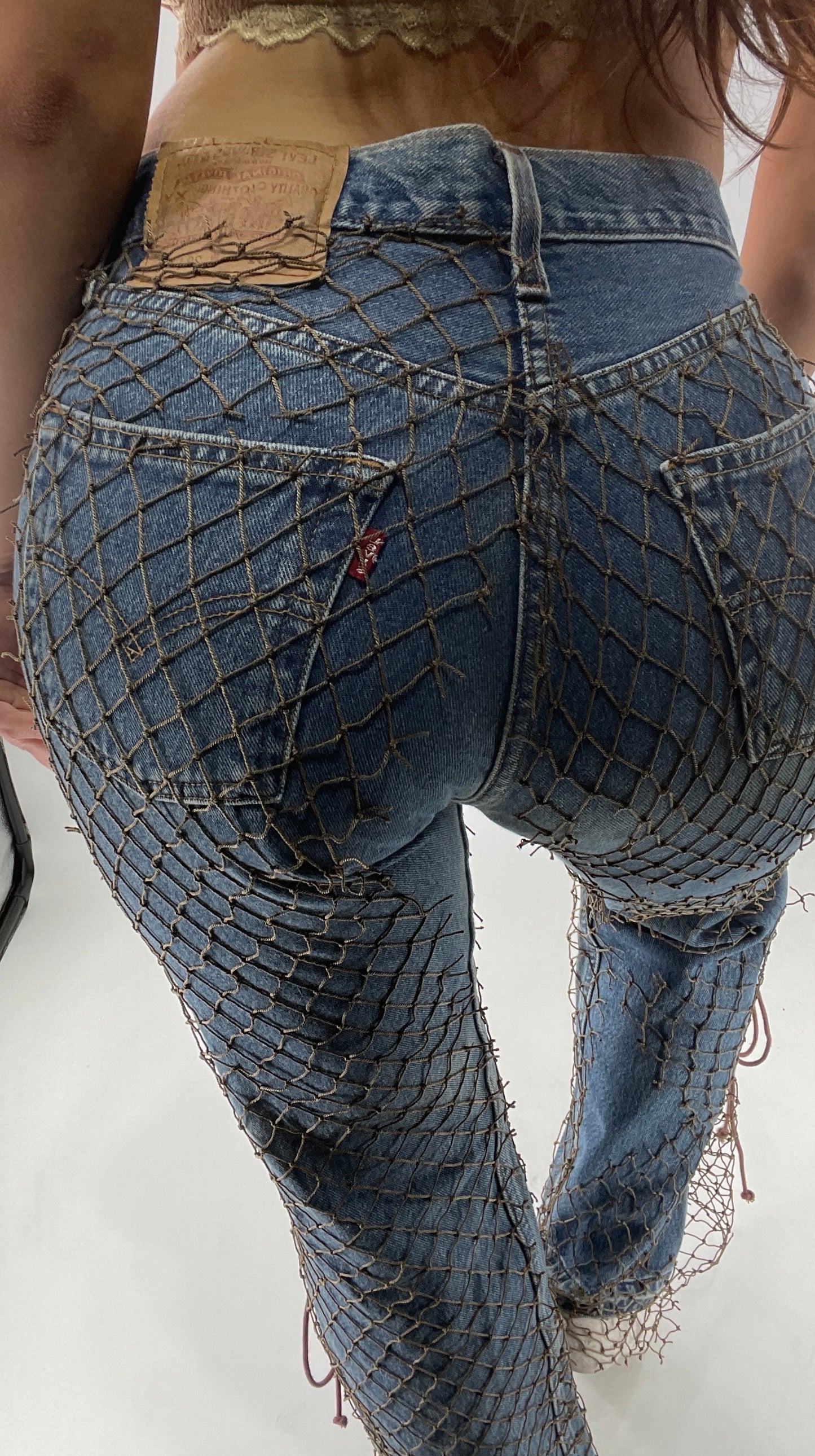 Custom - Fishnet Levi’s with Grommets and Lace Up Sides (Waist 29 Length 30) Fits Like a 26*