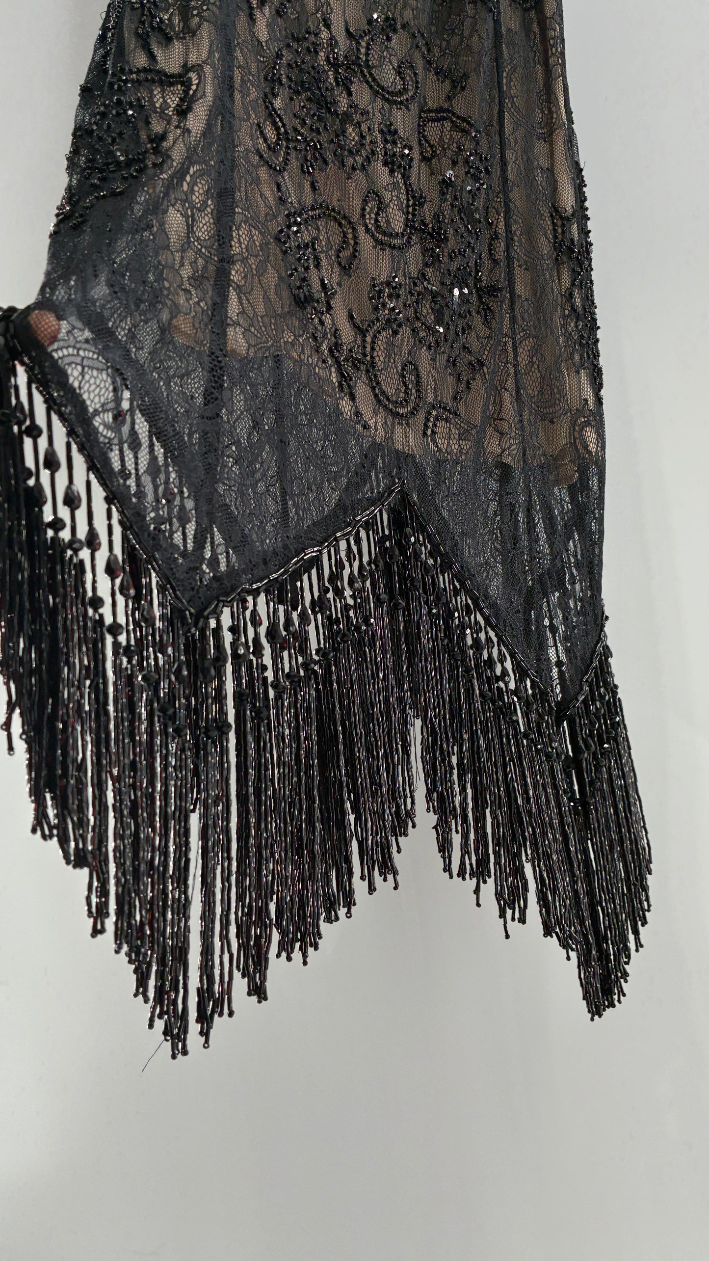 Vintage Haute Hippie Black Lace Nude Underlay Dress with Pointed Heavily Beaded Fringe Hem (2)
