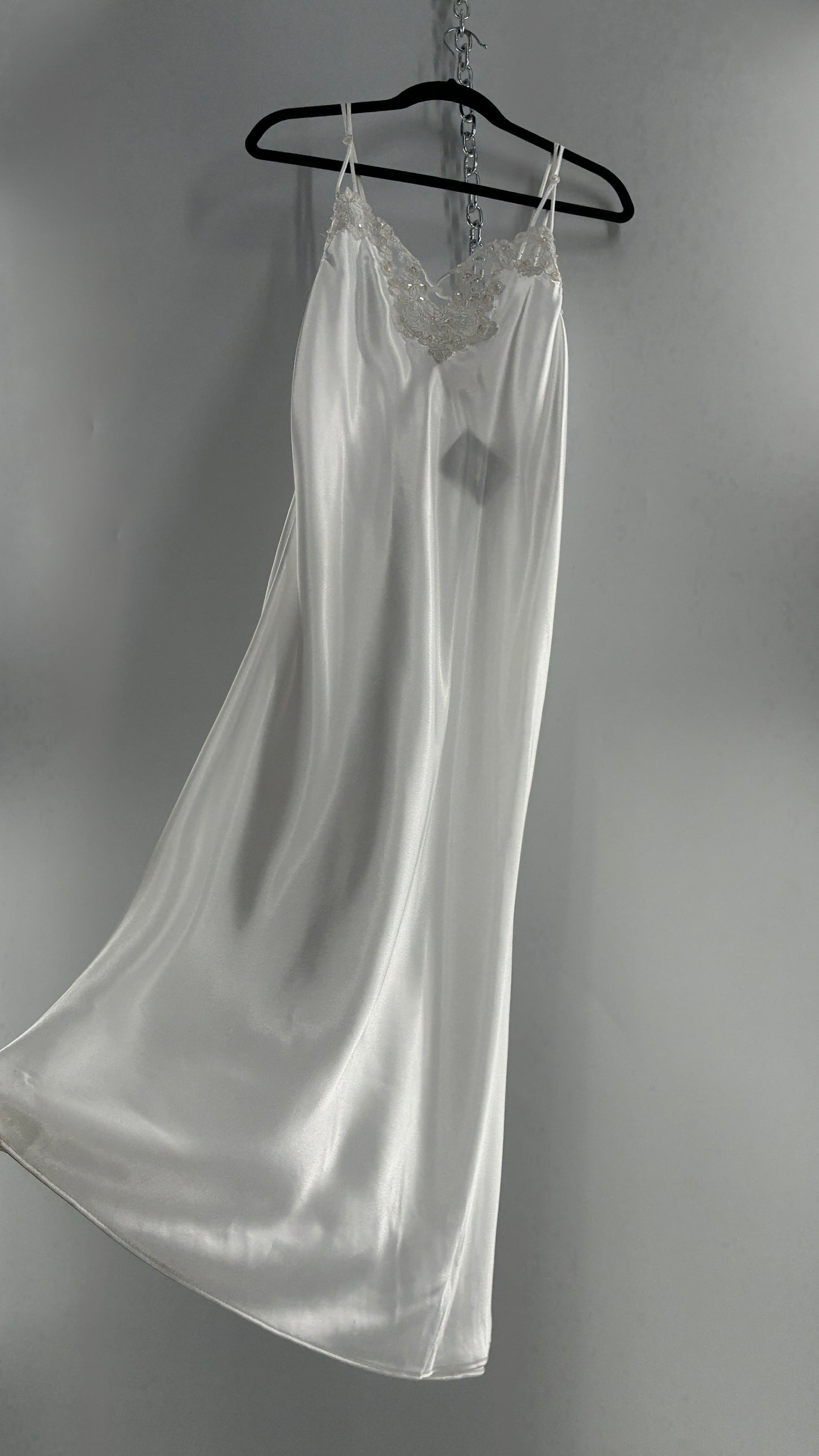 Vintage California Dynasty White Glossy, Silky Night Gown Style Dress with Sequined Lace Bustline (Small)