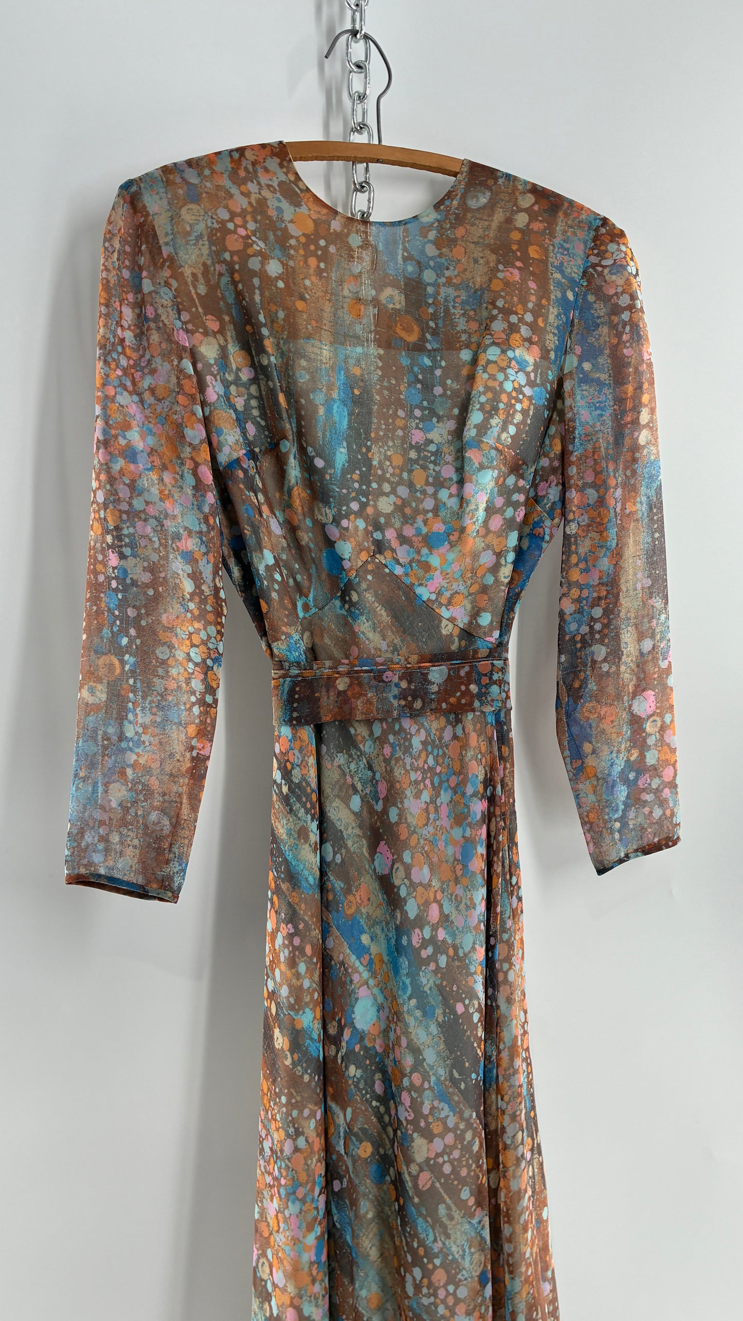 Vintage 1970s HELEN BASS Brown, Orange, Blue Voluminous Maxi Dress (S)