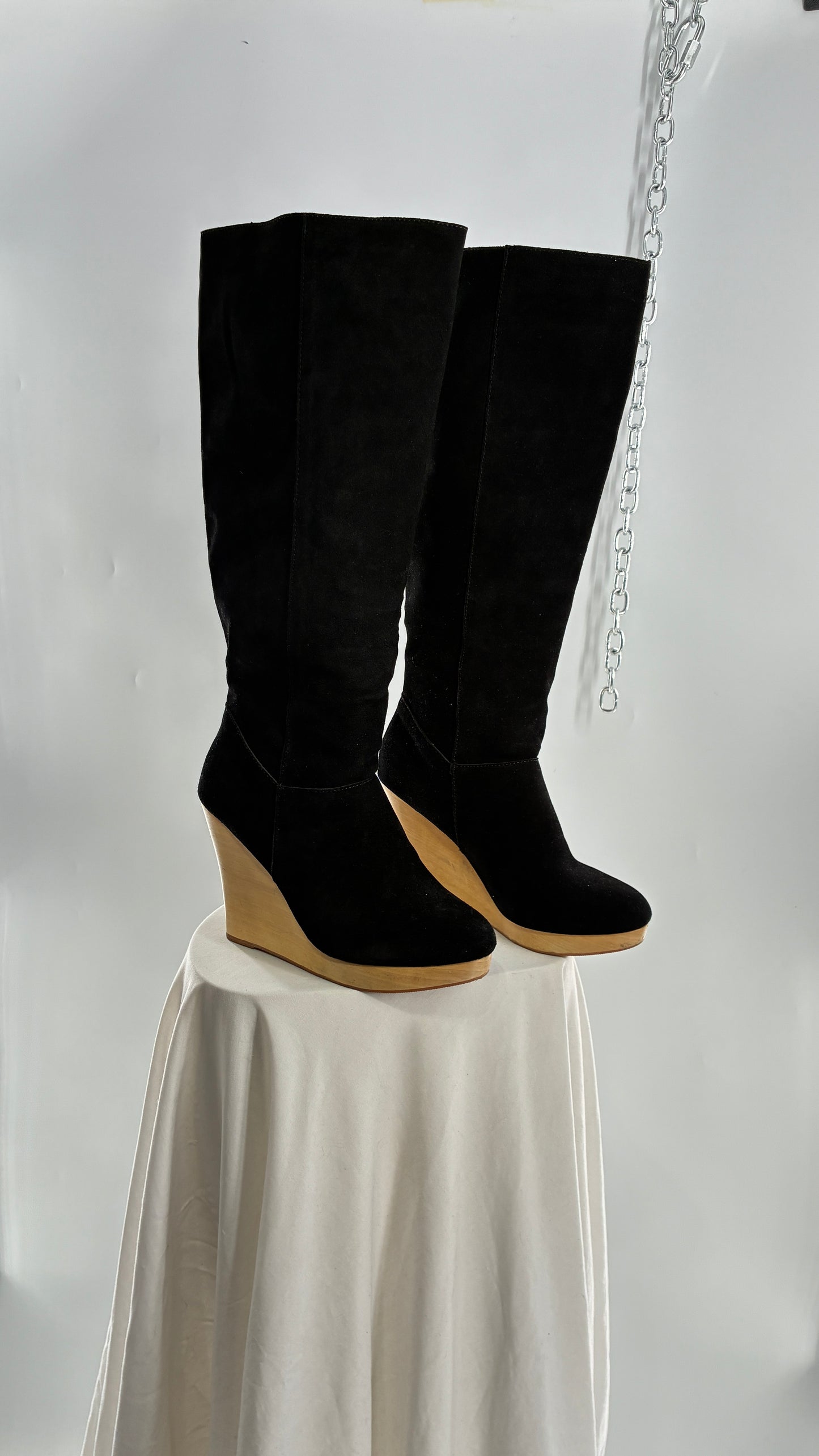 Vintage Black Genuine Suede Leather Knee High Boots with Skinny Wooden Wedge Heel (9)