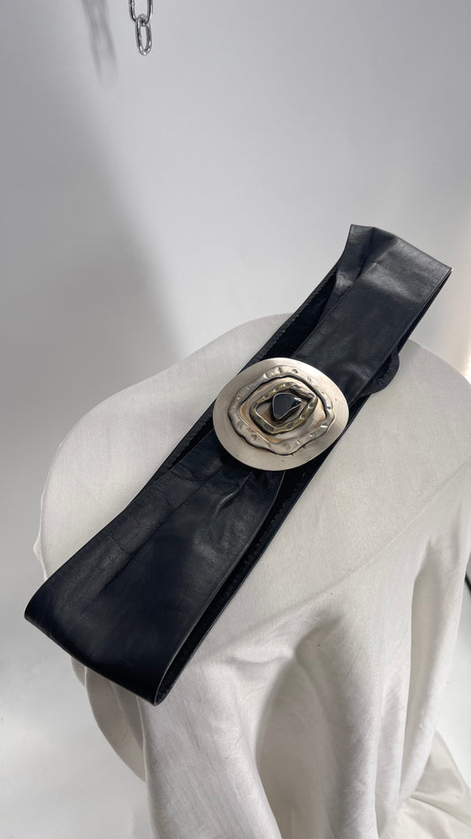 Miss Ashley Black Leather Belt with Silver Medallion Buckle (Small)