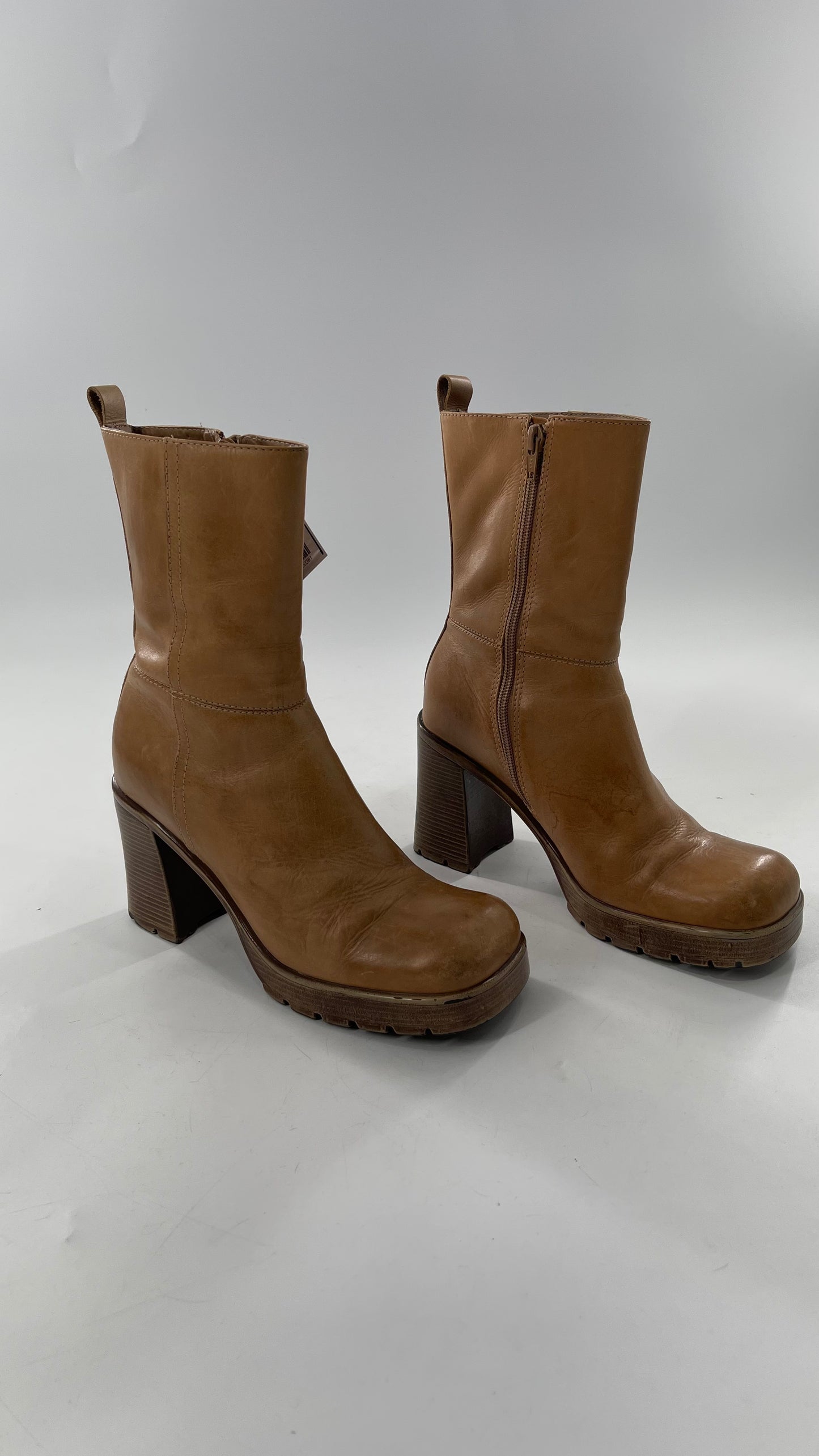 Vintage 90s Steve Madden Tan Leather Funky Square Toe Boot with Platform and Chunky Heel
