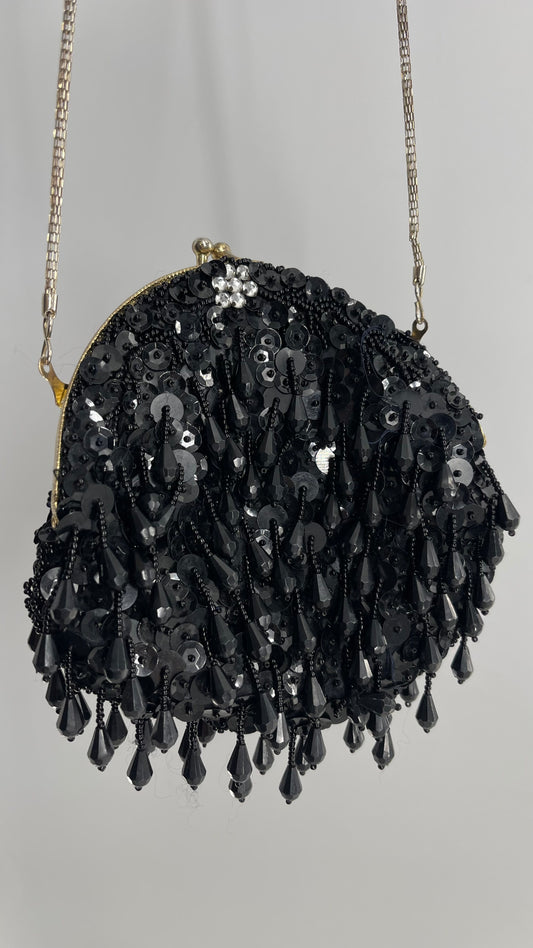 Vintage Black Sequin Beaded Pouch Purse