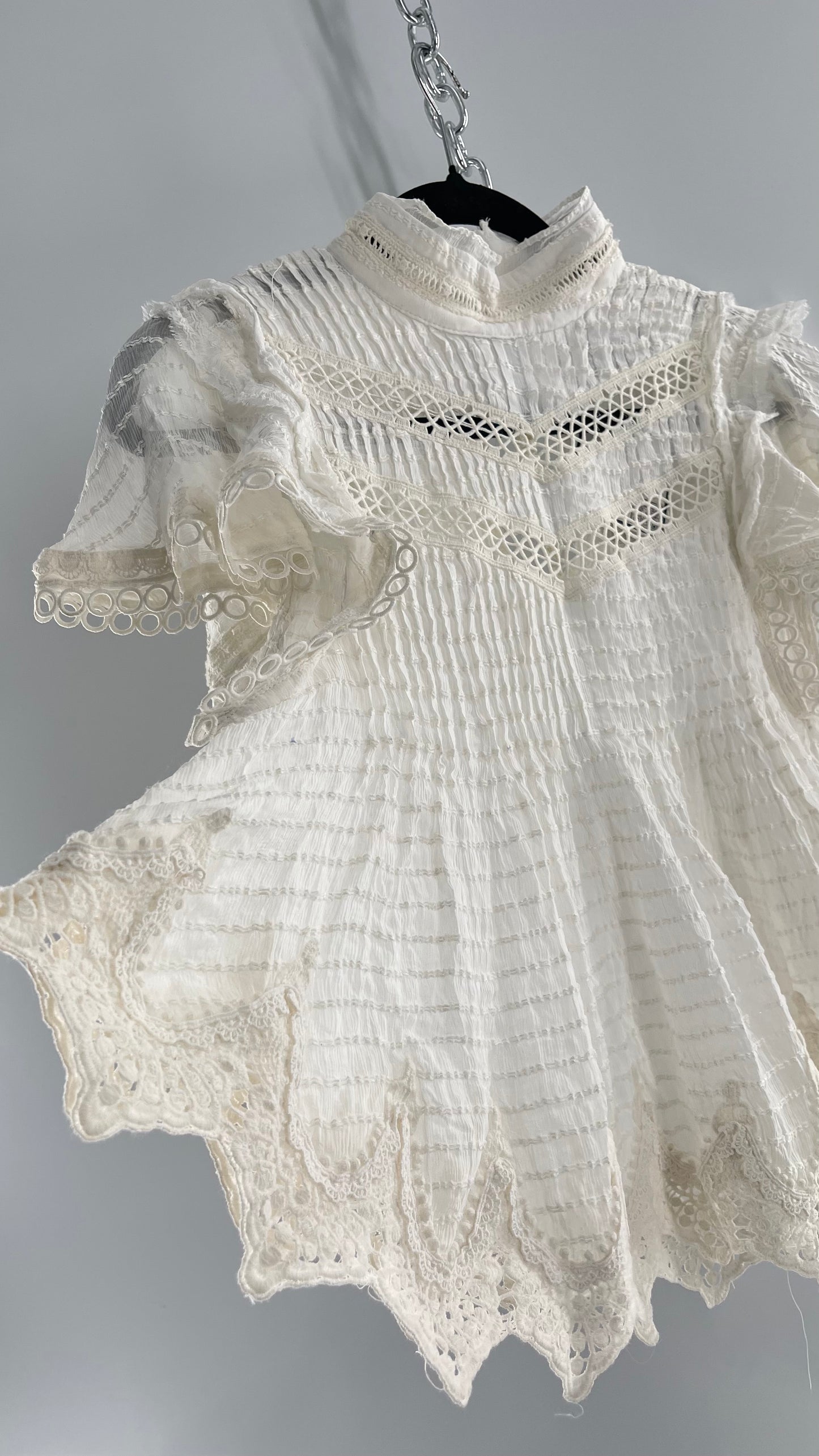 Kimchi Blue White 68% Viscose 32% Cotton Romantic Blouse with High Neck, Textured Body, and Scalloped Lace Hem and Sleeves (Small)