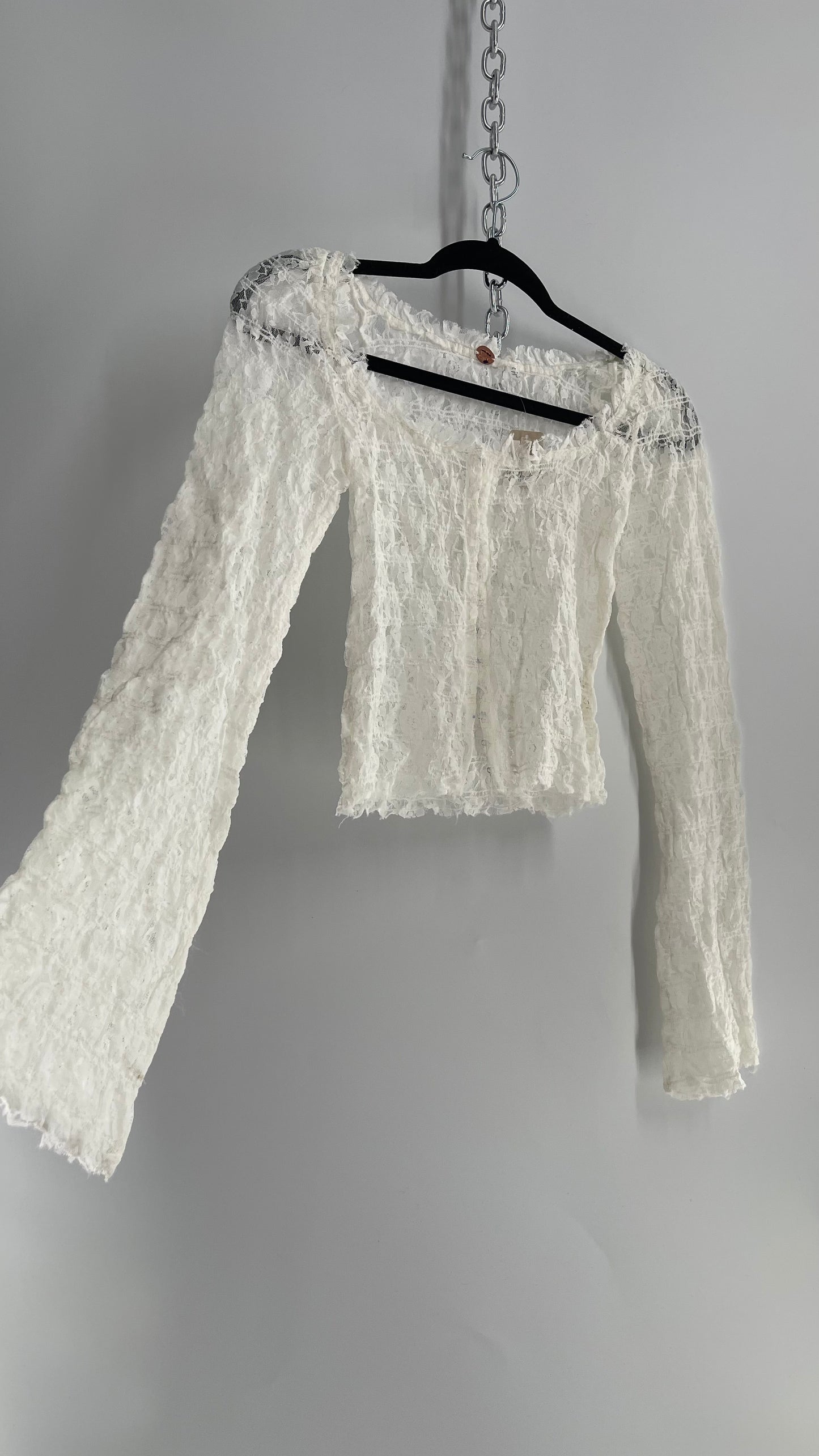 Free People White Smocked Lace Long Sleeve with Eyelet Closure (Small)