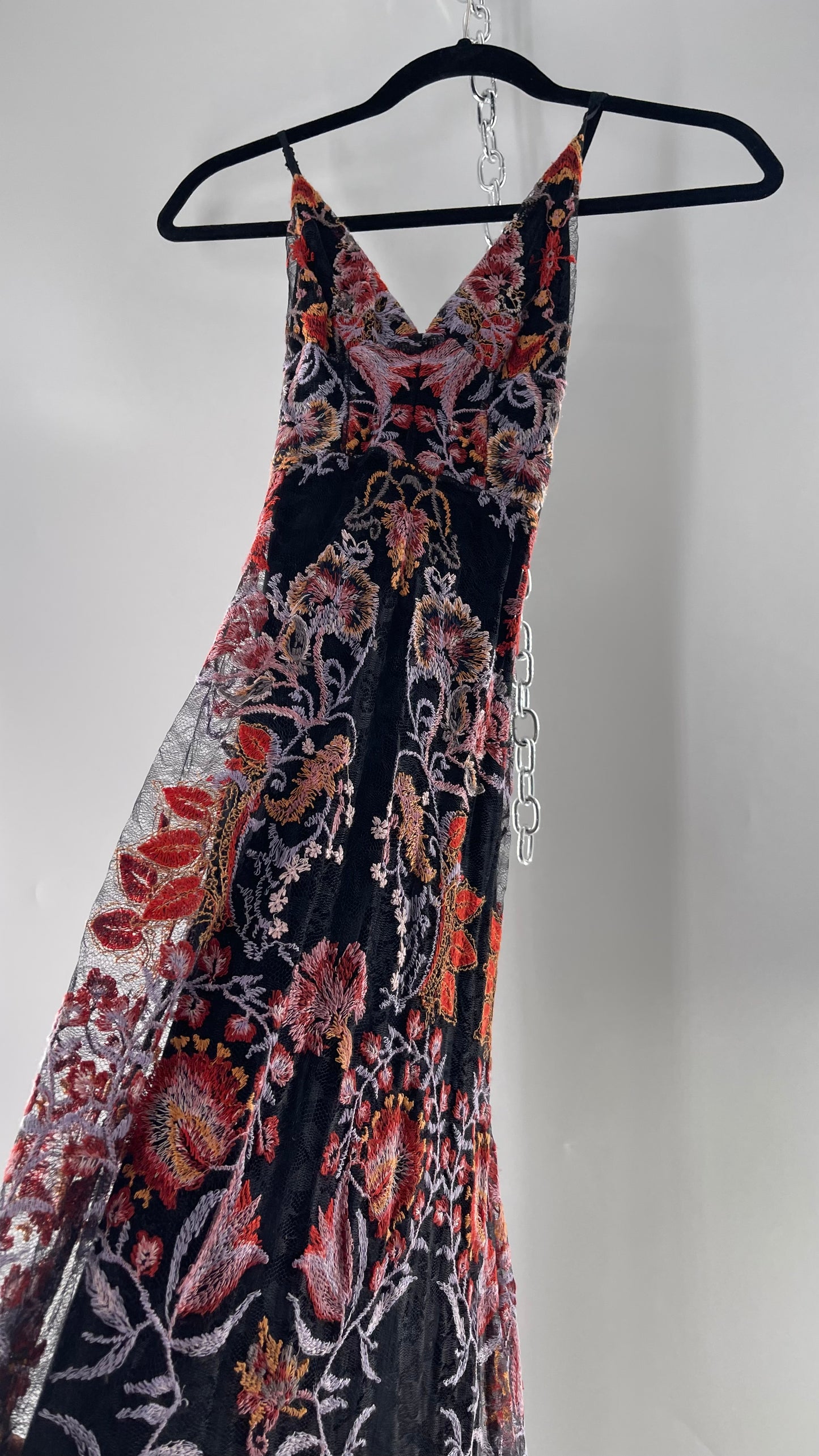 Free People Black Fall Toned Floral Embroidered Tule Sleeveless Maxi Dress (2)