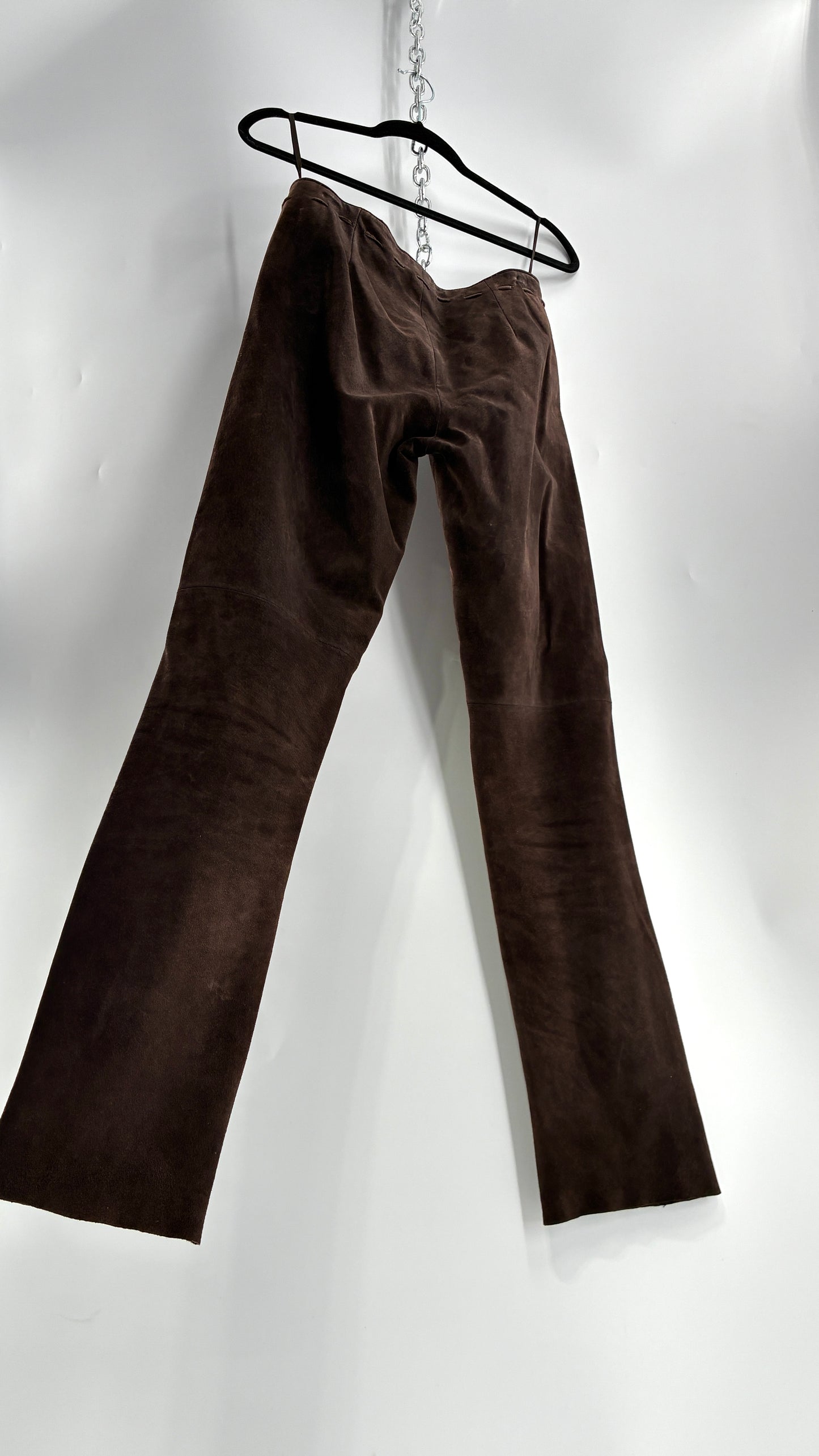 Vintage FOR JOSEPH Low Rise, Chocolate Brown Suede Pants with Leather Stitch Sides and Bow Closure (28)