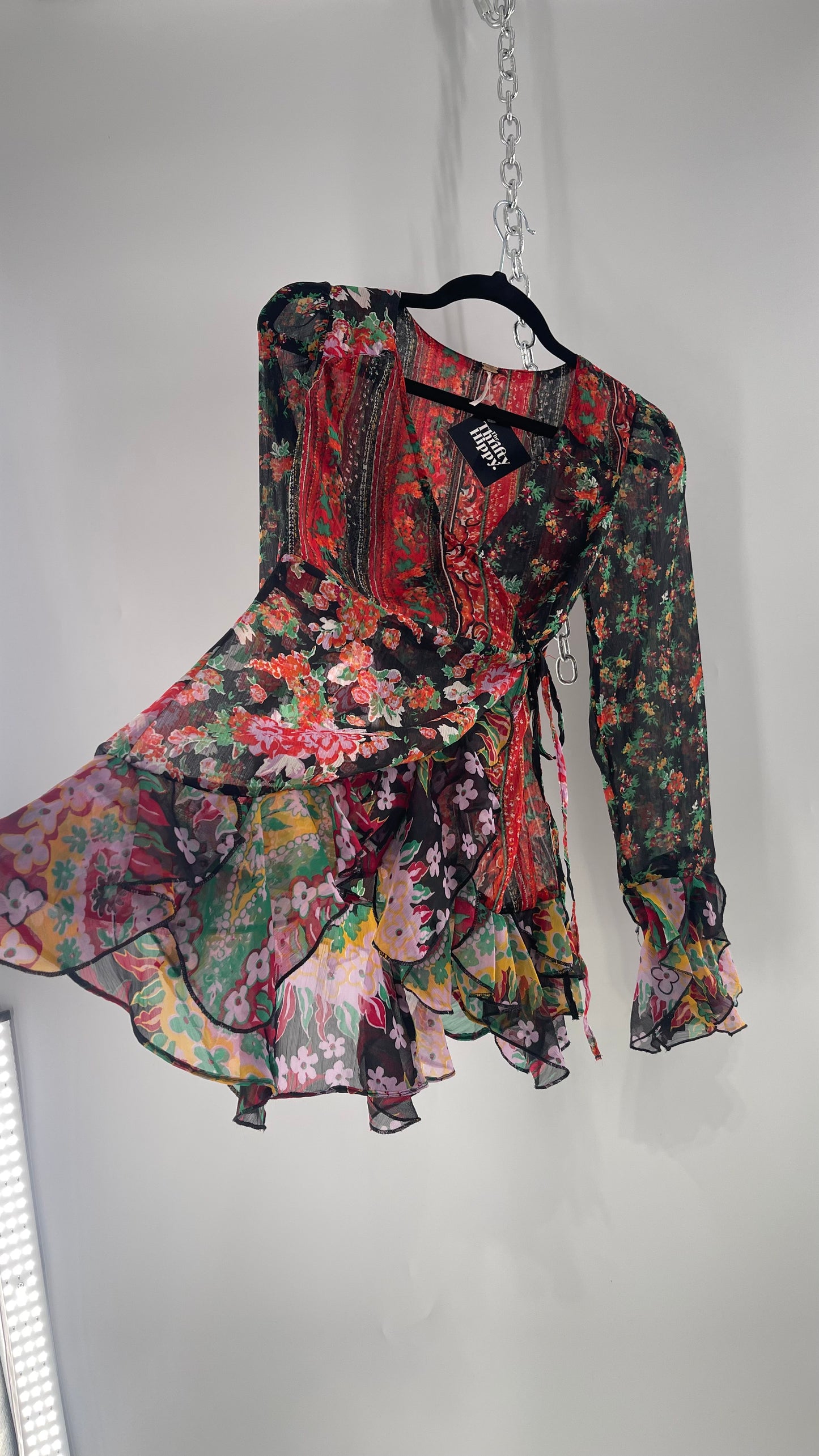 Free People Black Colorful Floral Tie Front Blouse with Ruffled Sleeves and Hem(XS)