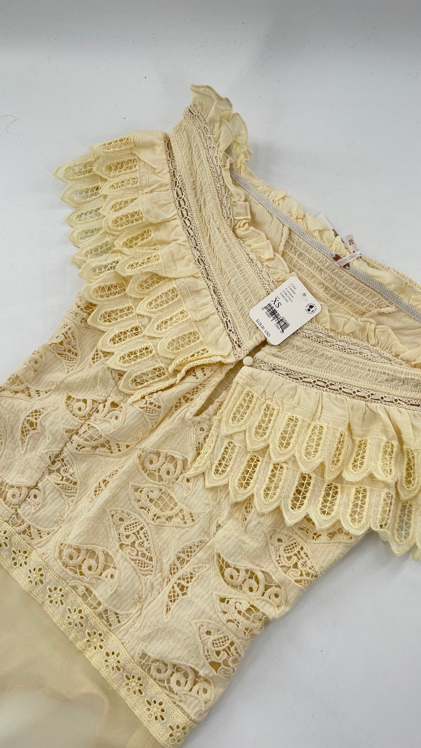 Intimately Free People Light Yellow Lace Bodysuit with Ruffled Off the Shoulder Neckline
(XS)