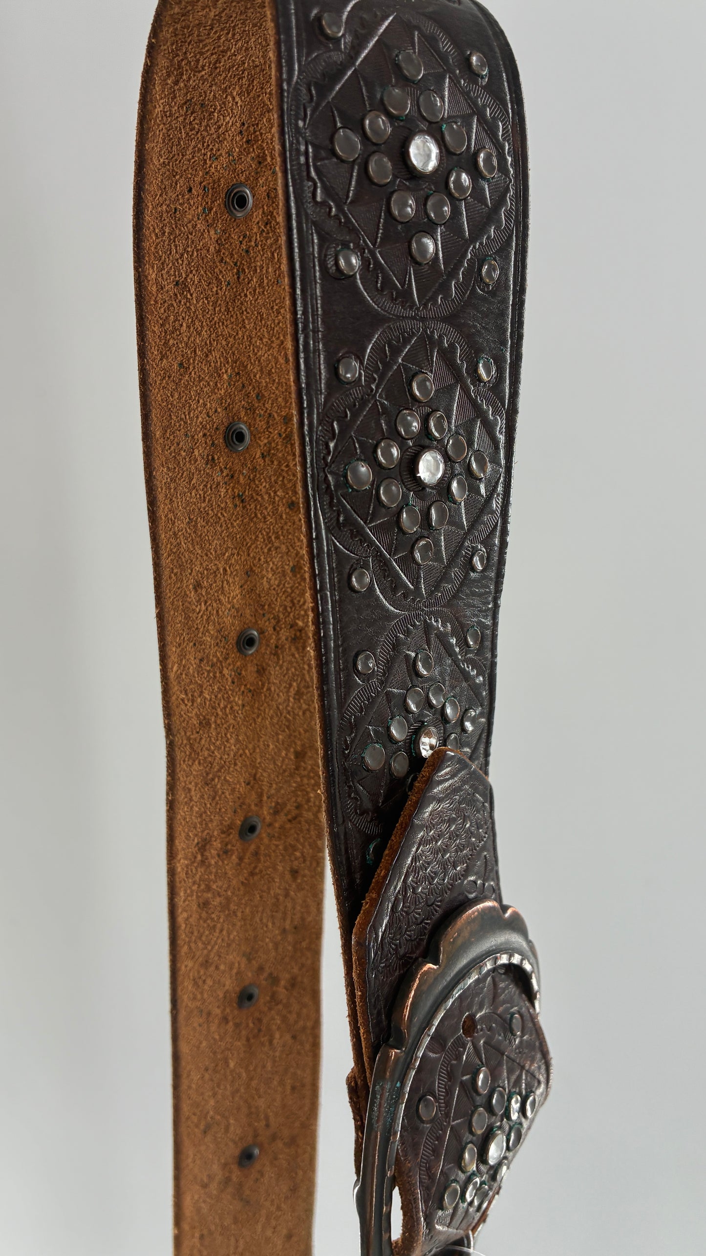 Vintage Abercrombie & Fitch Brown Leather Embossed Belt with Rhinestone Details (Small)