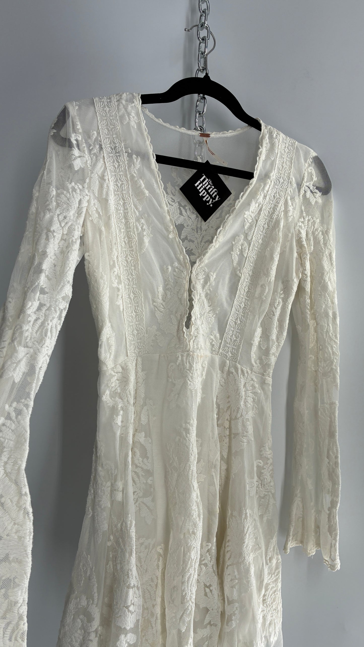 Free People White Lace All Over Embroidered Mini Dress with Sheer Back (4)