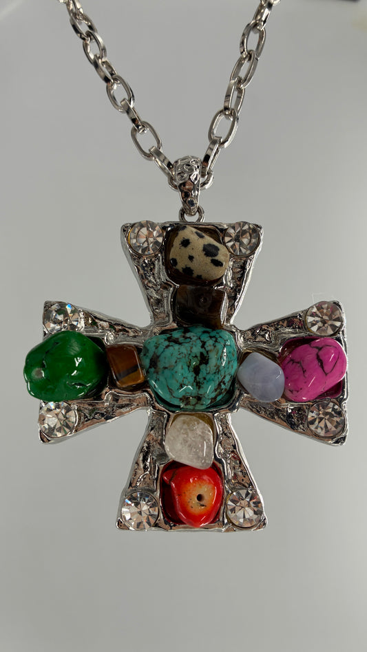 Vintage Silver Heavy Chain Necklace with Hammered Cross Covered in Stones and Rhinestones