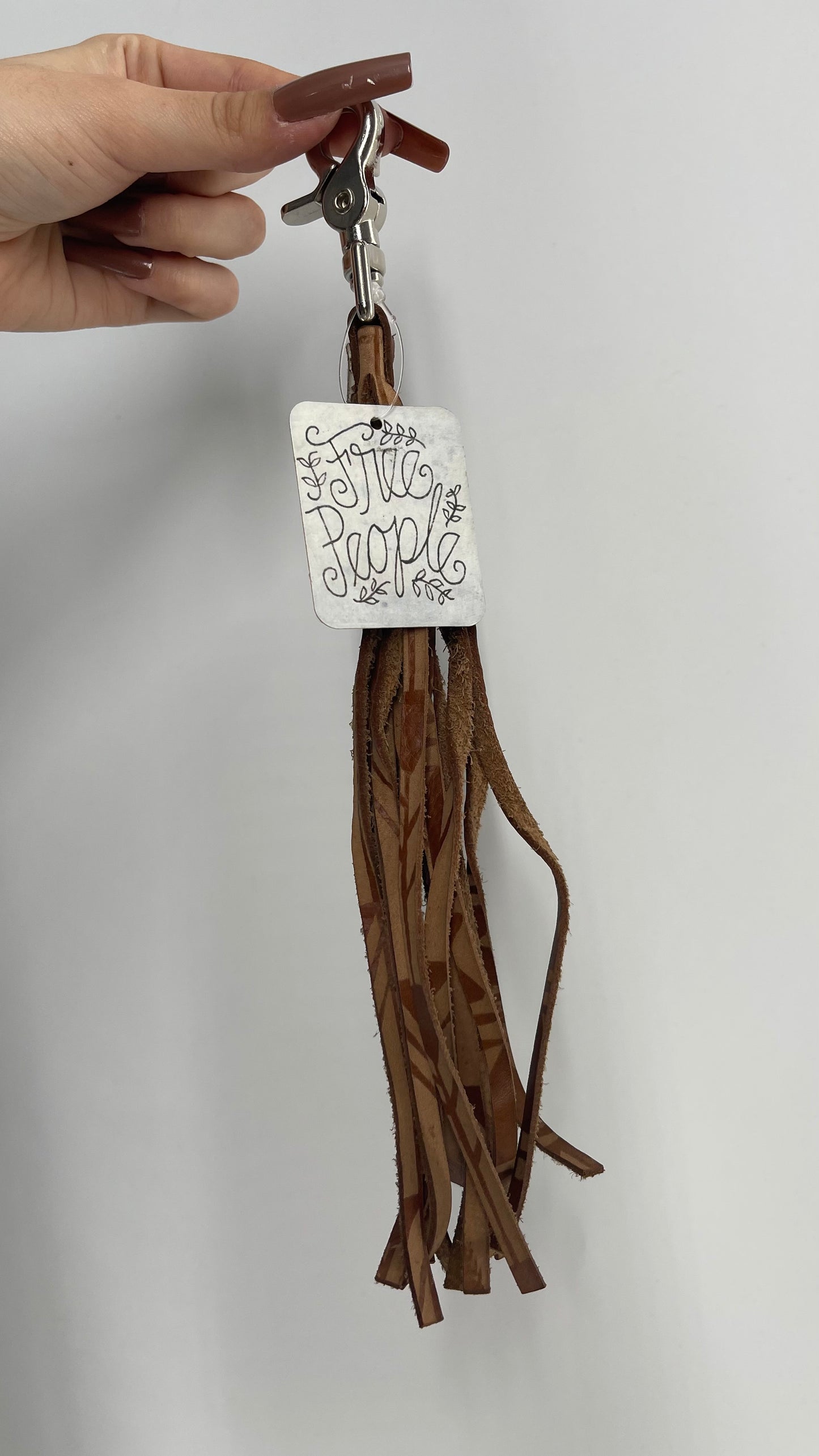 Free People Patterned Leather Tassel Keychain Ring with Tags Attached
