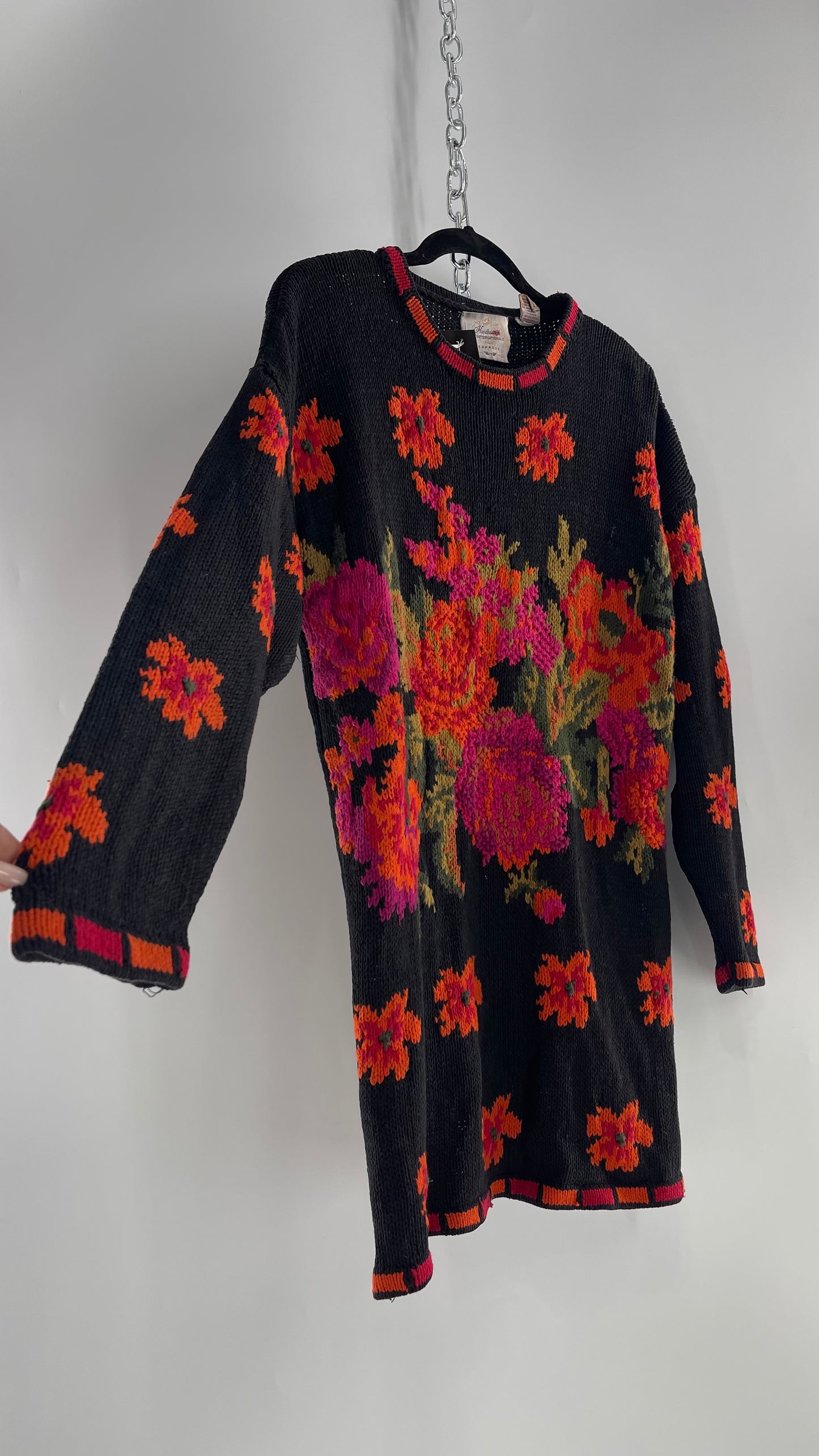 Vintage EXPRESS Black Hand Knit Sweater with Orange and Fuchsia Contrasting Florals (One Size)