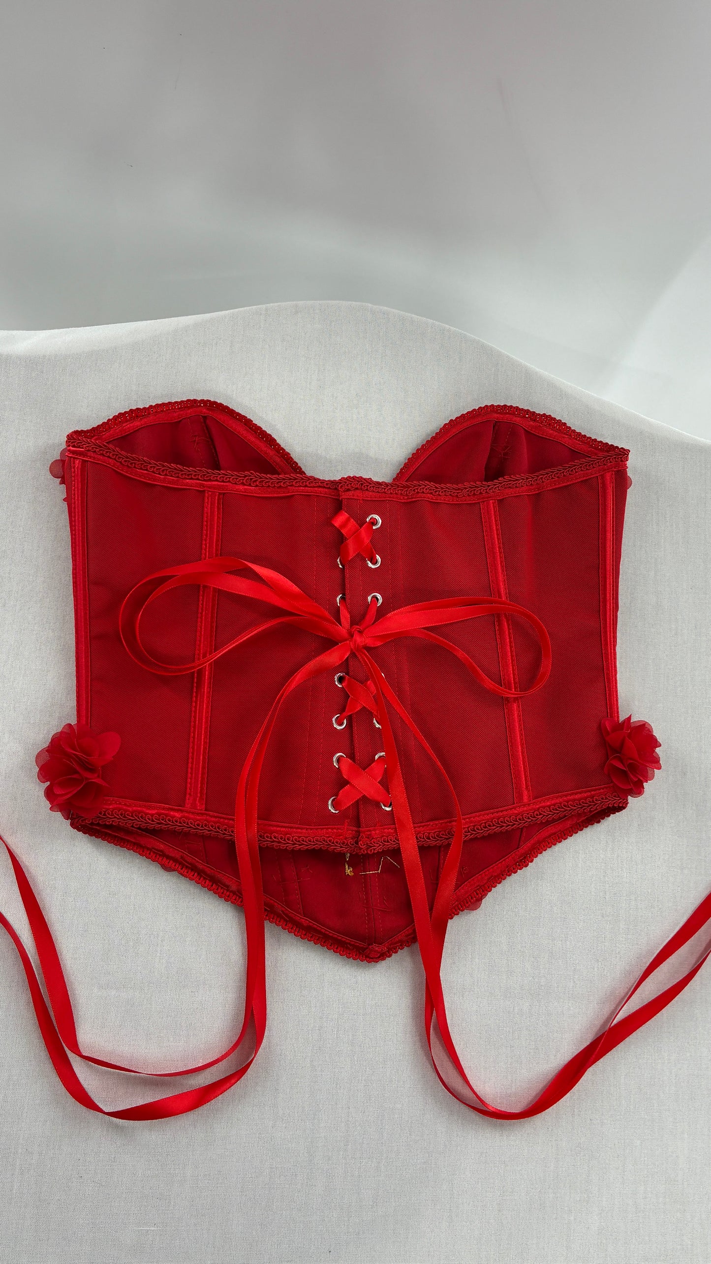 Red Handmade Corset with Rosette Appliqués and Sequin Heart Design (Small)