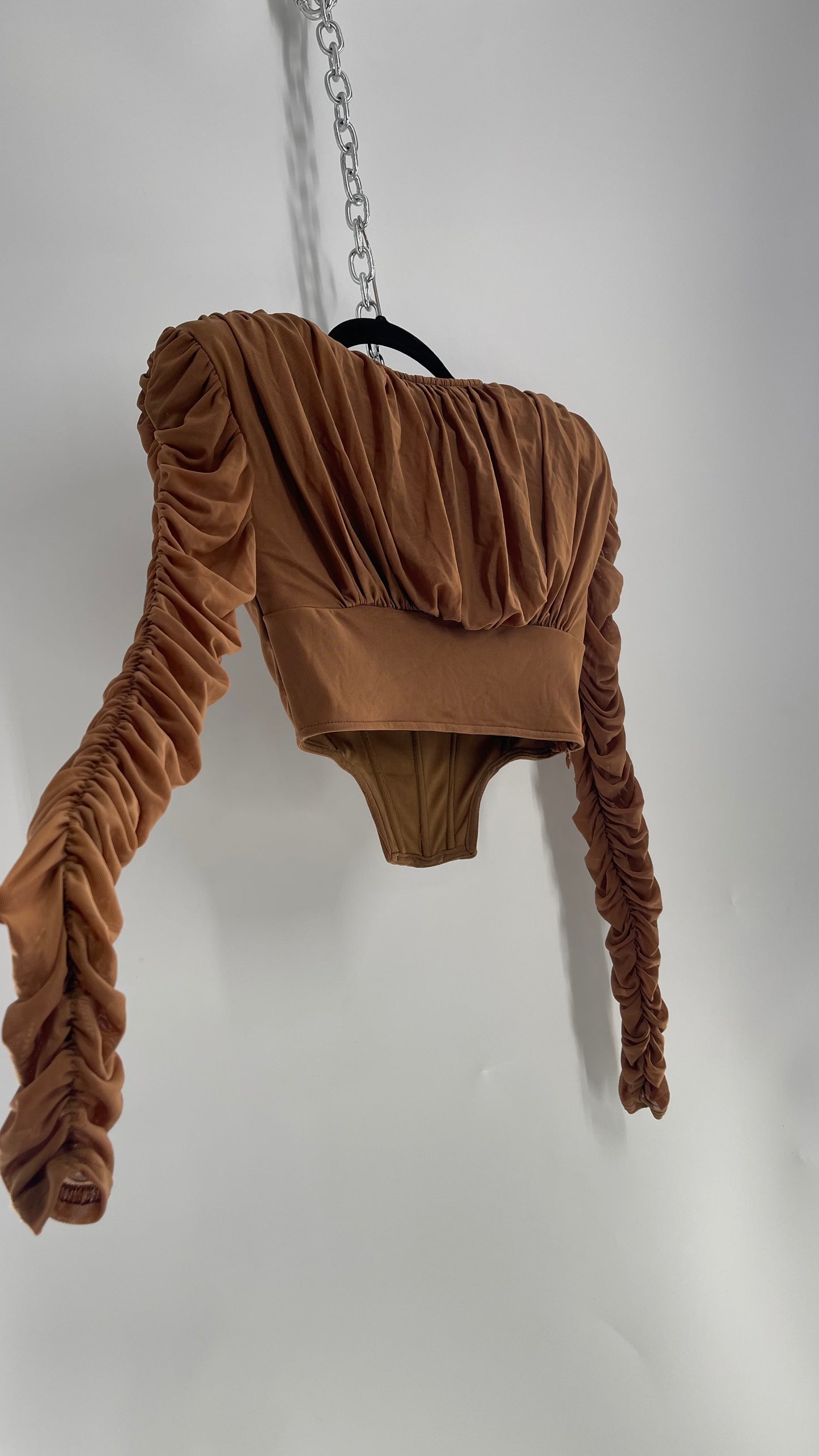 PRETTY LITTLE THING Brown Ruched Sleeve, Draped Bust, Corset Top (XS)