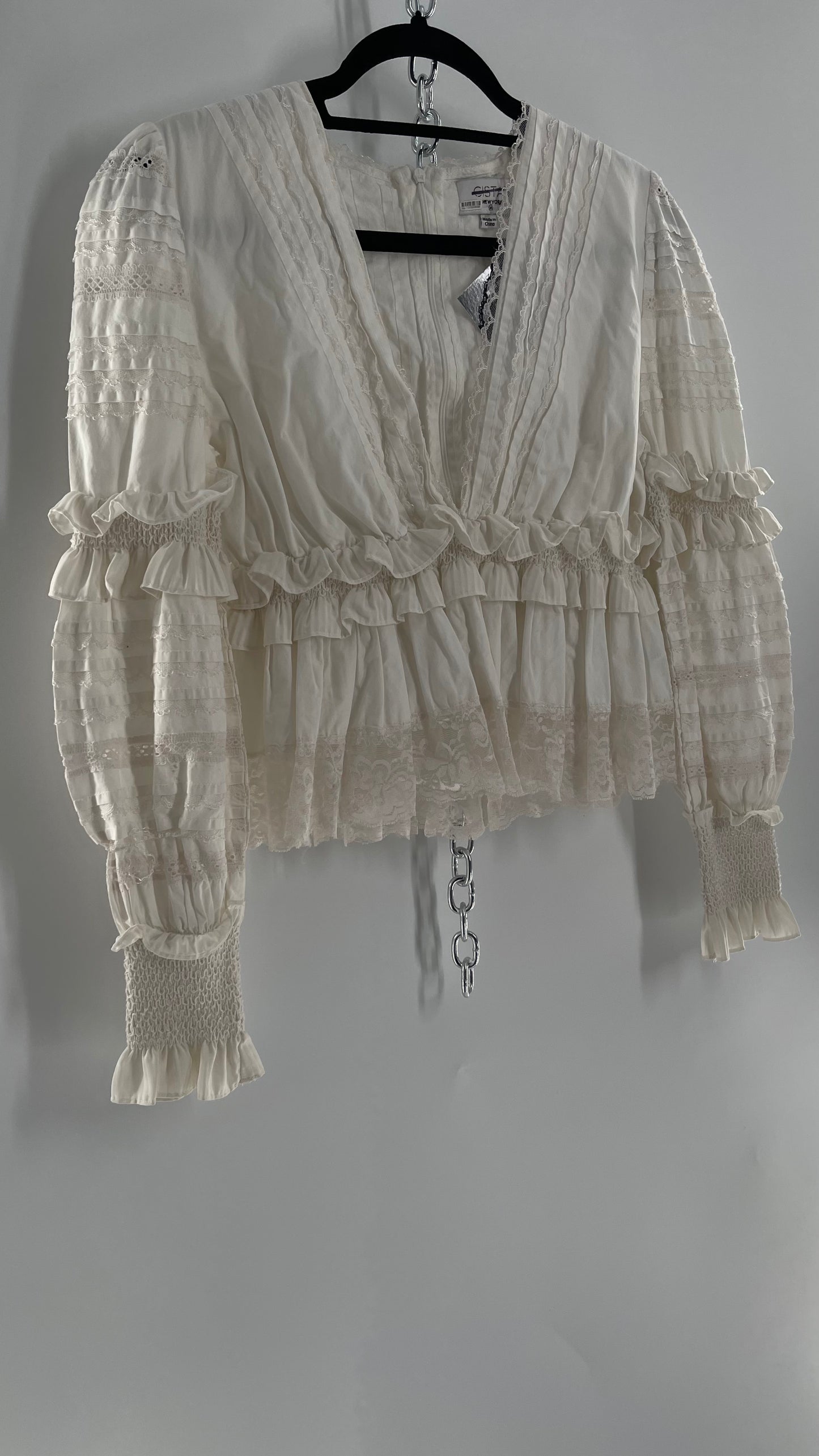 CISTAR NEW YORK White Balloon Sleeve Blouse Adorned in Delicate Ruffled and Lace (Medium)