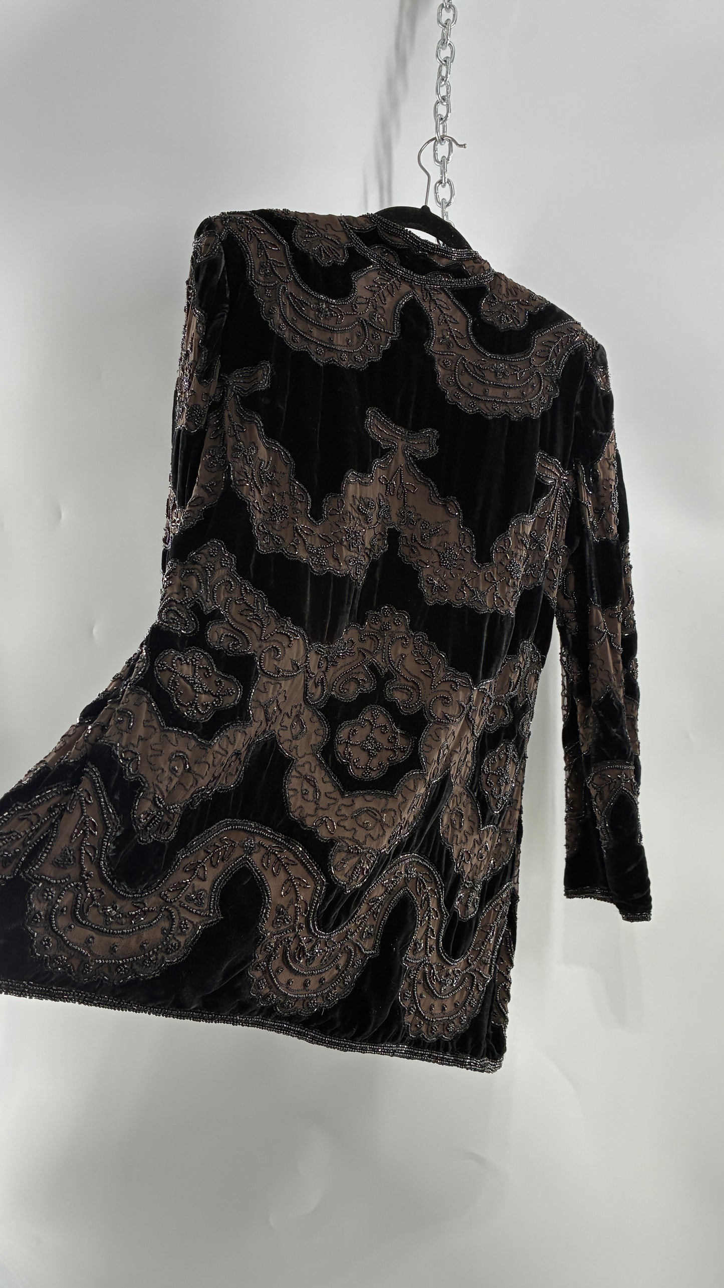 Vintage OLEG CASINI 100% Silk Velour Heavily Beaded Coat (Medium)