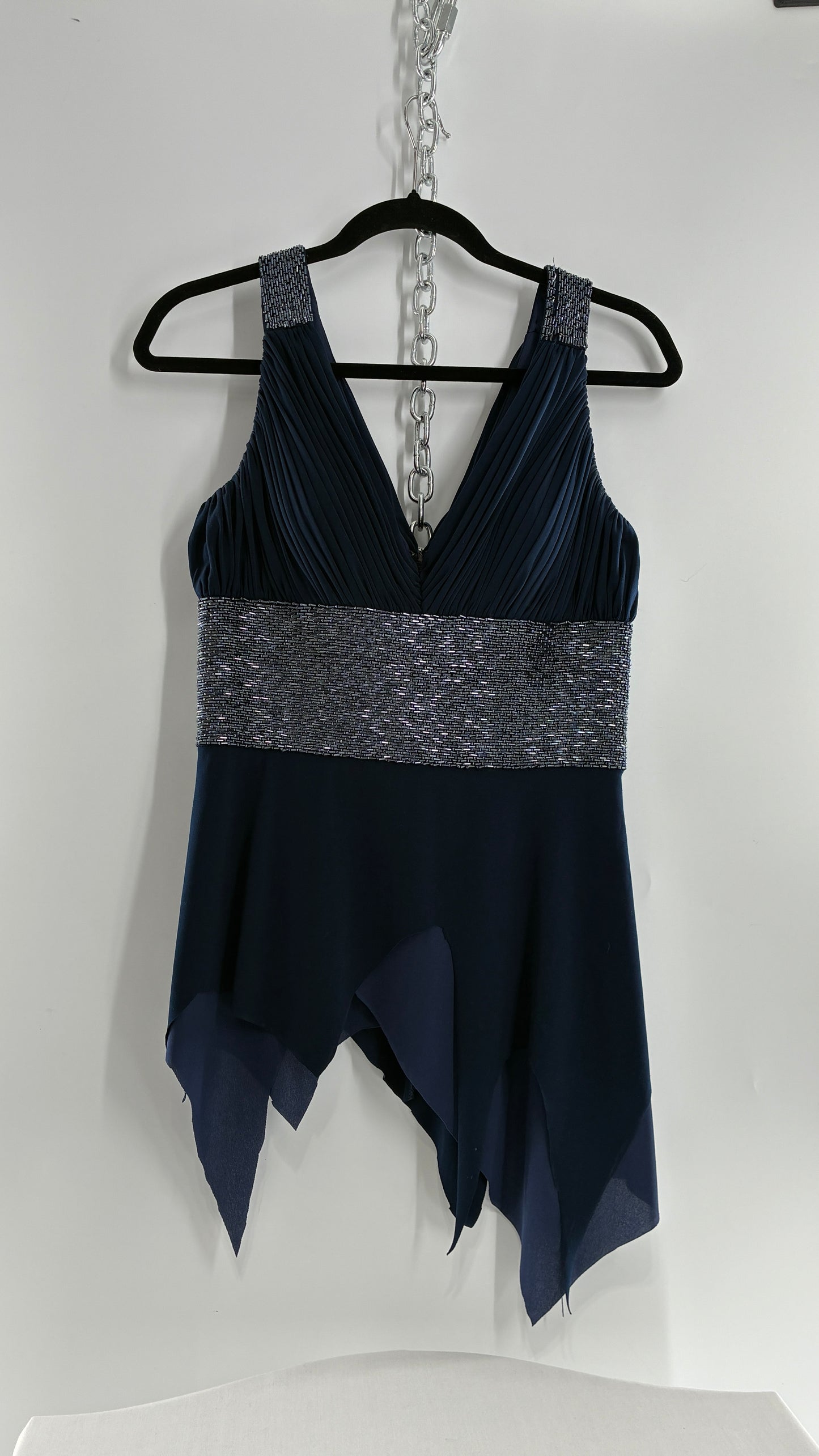 Vintage JS Boutique 1990s Navy Blue Chopped Handkerchief Hem, Beaded Underbust Panel and Pleated Bust (6)
