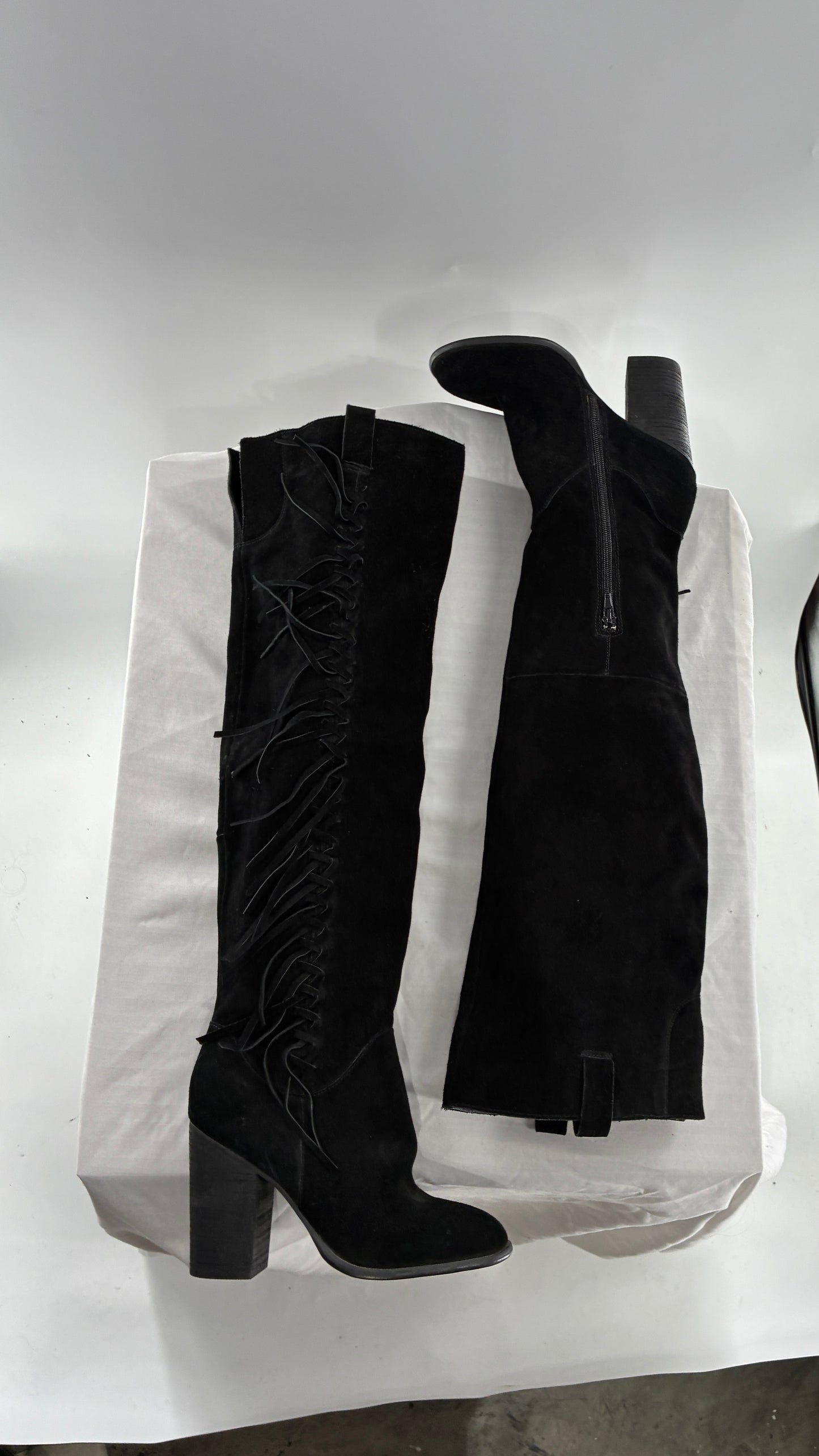 Vintage CARLOS SANTANA Genuine Suede Leather Thigh High Tassel, Fringe Side Boots (7.5)