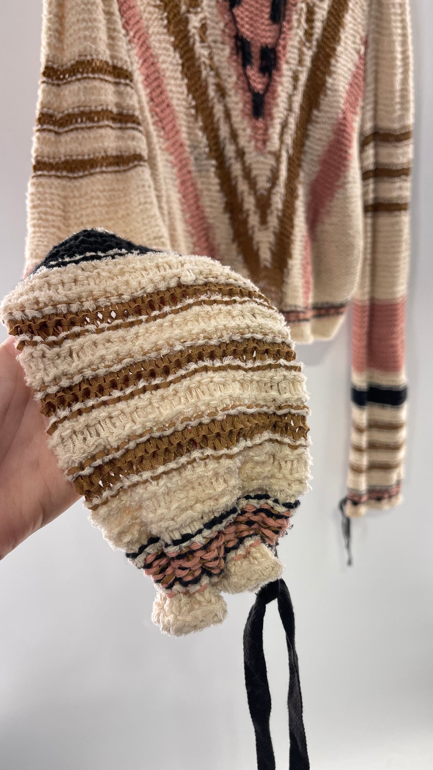 Free People Beige Slouchy Sweater with Dusty Pink, Tan and Black Striping Detail (Medium)