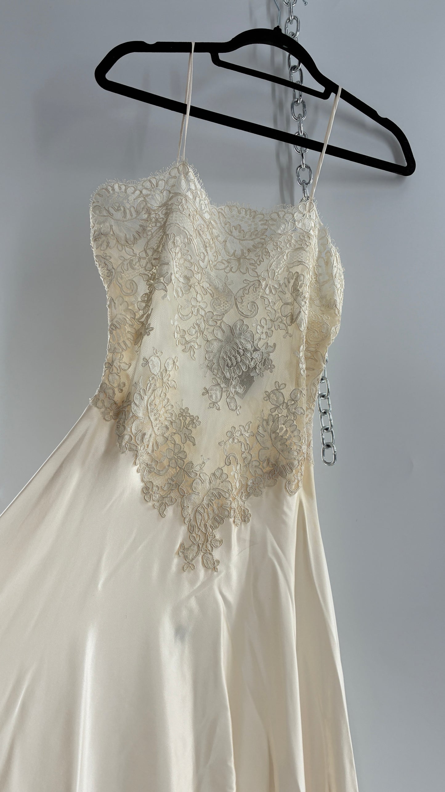 Vintage JONQUIL 100% Silk Gown with Heavy Lace Appliqués and Low Cut Sheer Back (Medium)