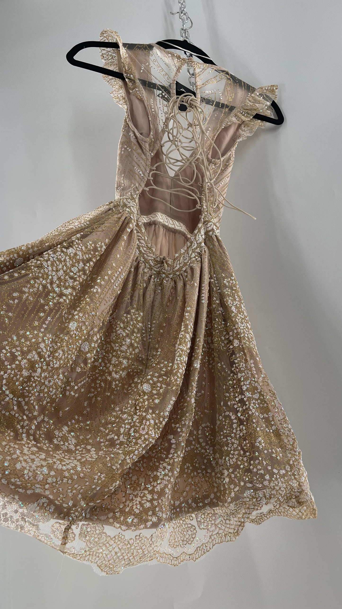 Hello Molly Fairy Sleeveless Chunky Iridescent Glitter Gold Mini Dress with Tie Up Back and Ruffle Sleeve (S)