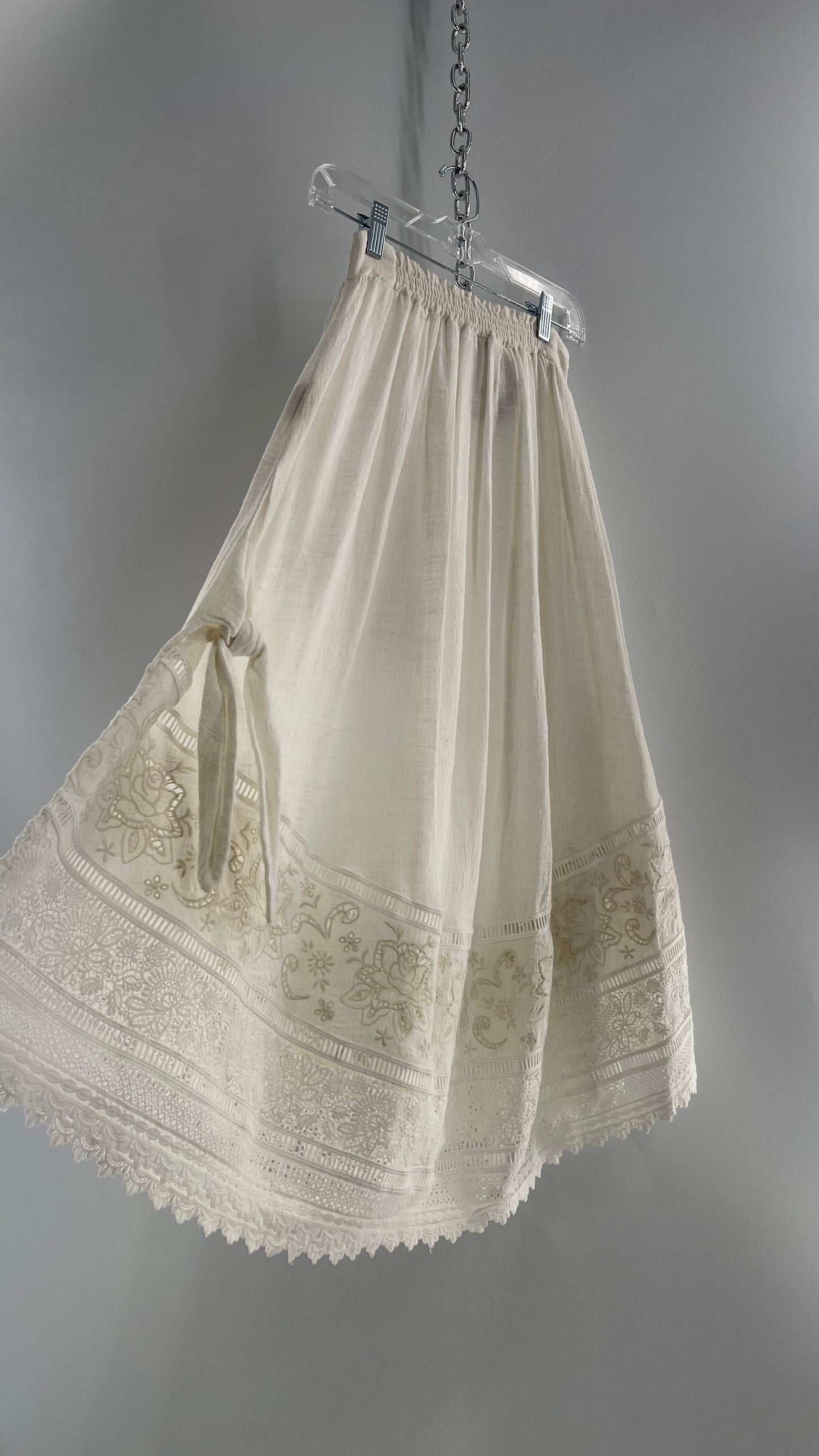 Spell & the Gypsy Full Length Cotton Gauze White Skirt with Tie Sides and Heavily Embroidered Hem (XS)
