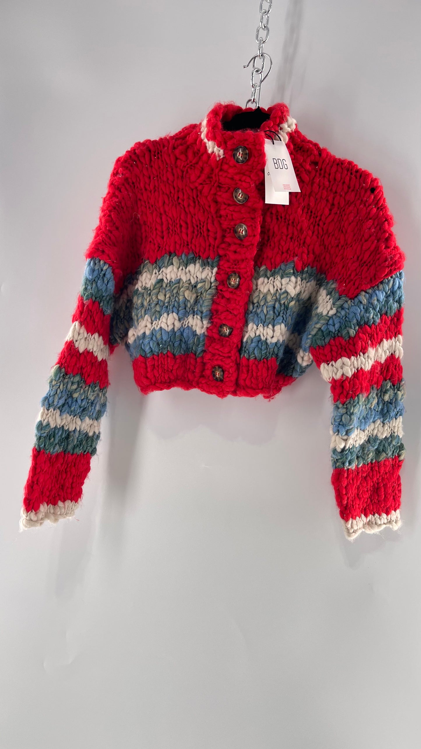 BDG Urban Outfitters Thick Knit Red White Blue Chunky Cropped Striped Cardigan (XS)