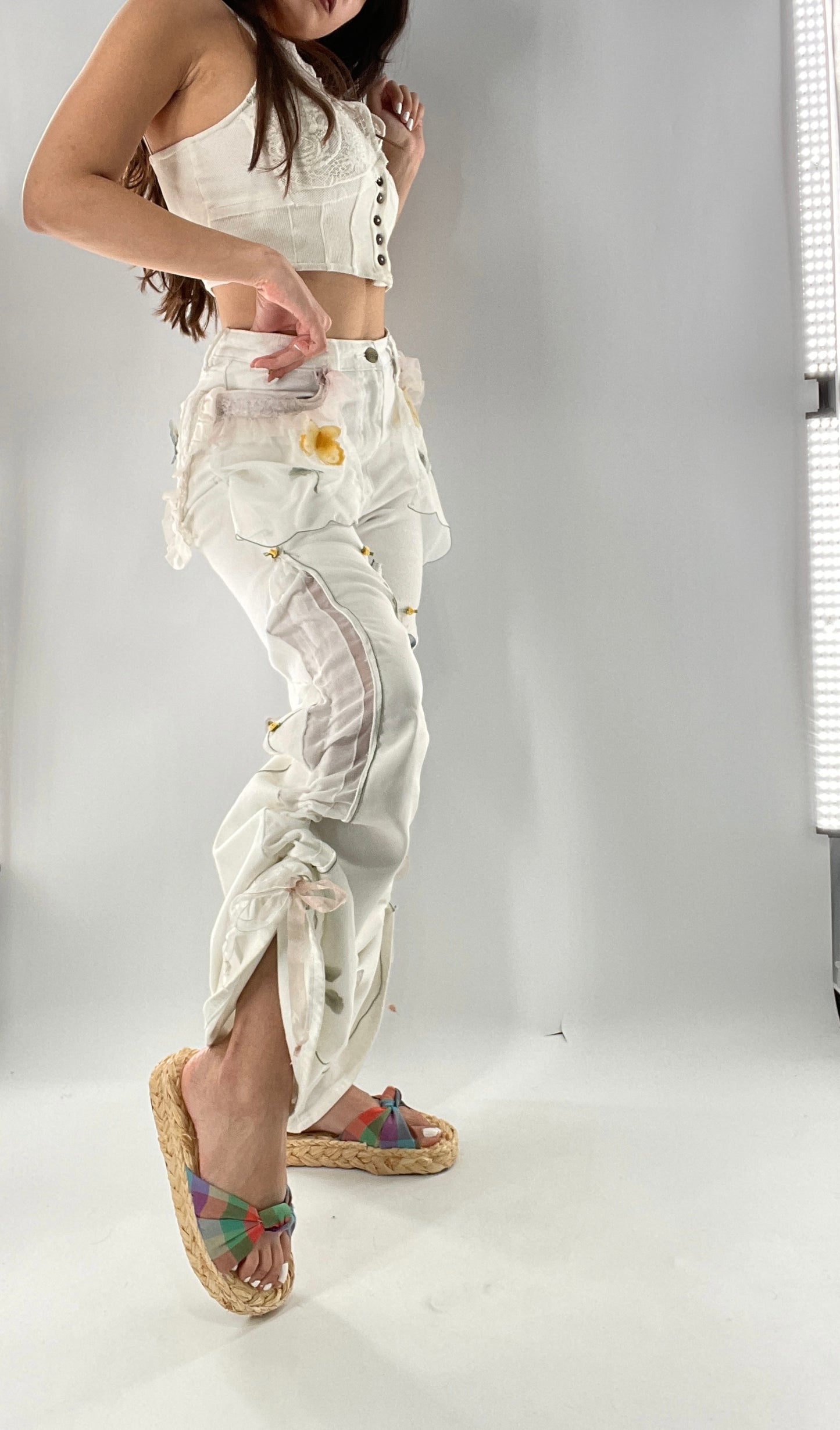 Remade Upcycled Lee White Jeans with Drawstring Adjustable Length, Lace Trim Pockets, Embroidery and Appliqué Details (27)