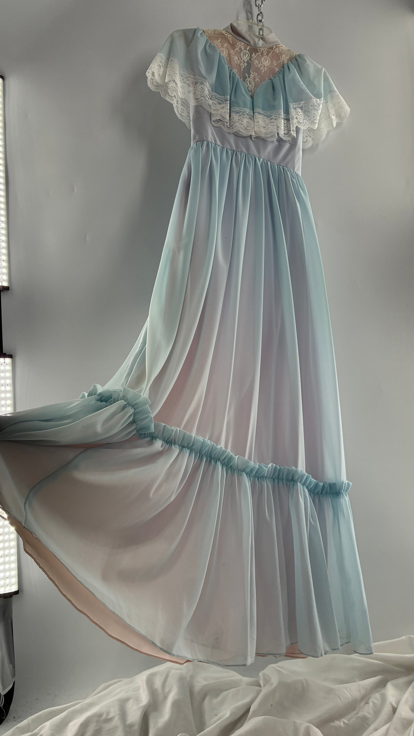 Vintage Handmade 1960s Powder Blue Overlay, Lilac Underlay Gown, Prairie Wedding Dress
