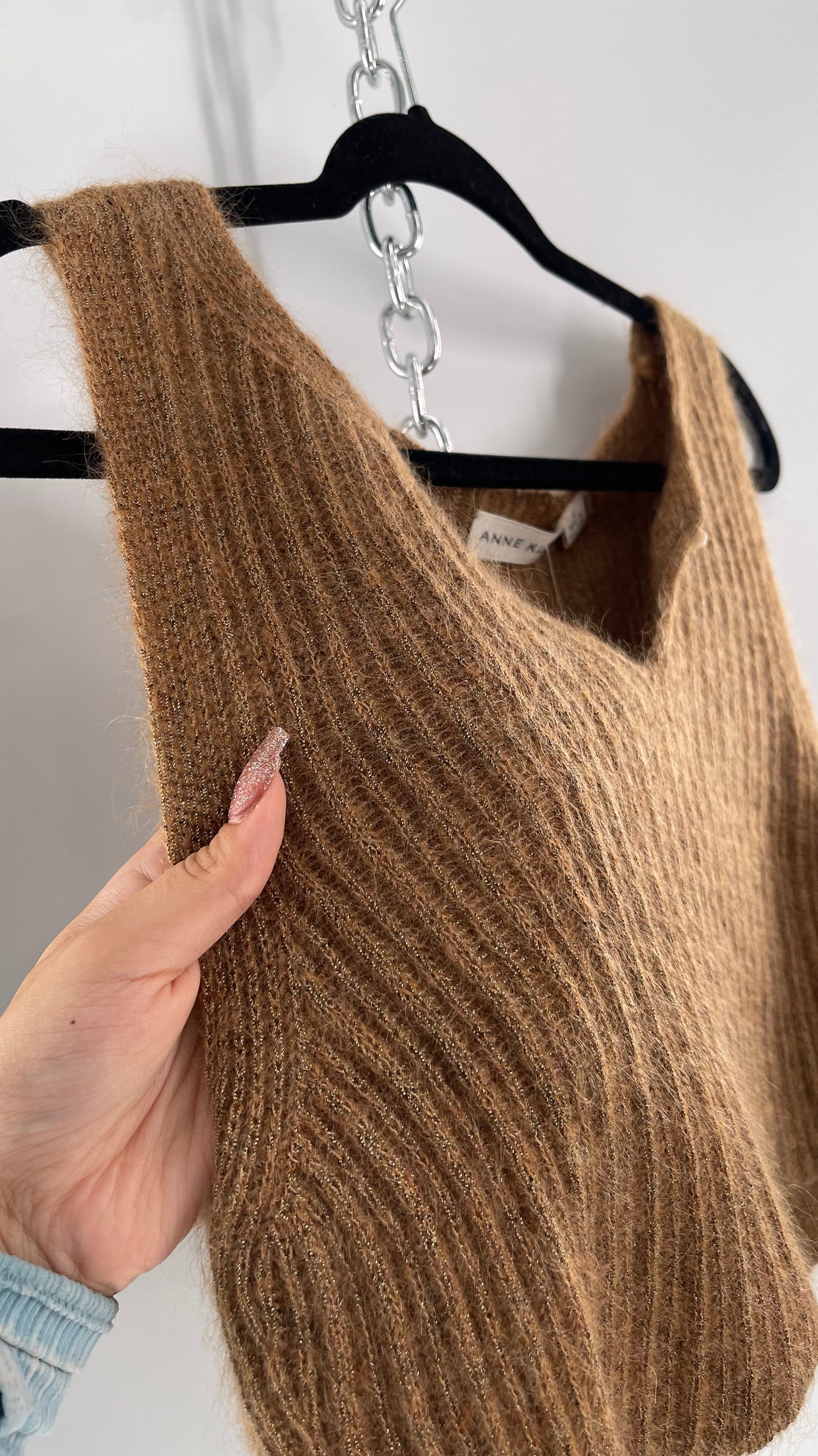 Vintage Anne Klein 42% Mohair Tan Knit Tank with Gold Tinsel (Large)